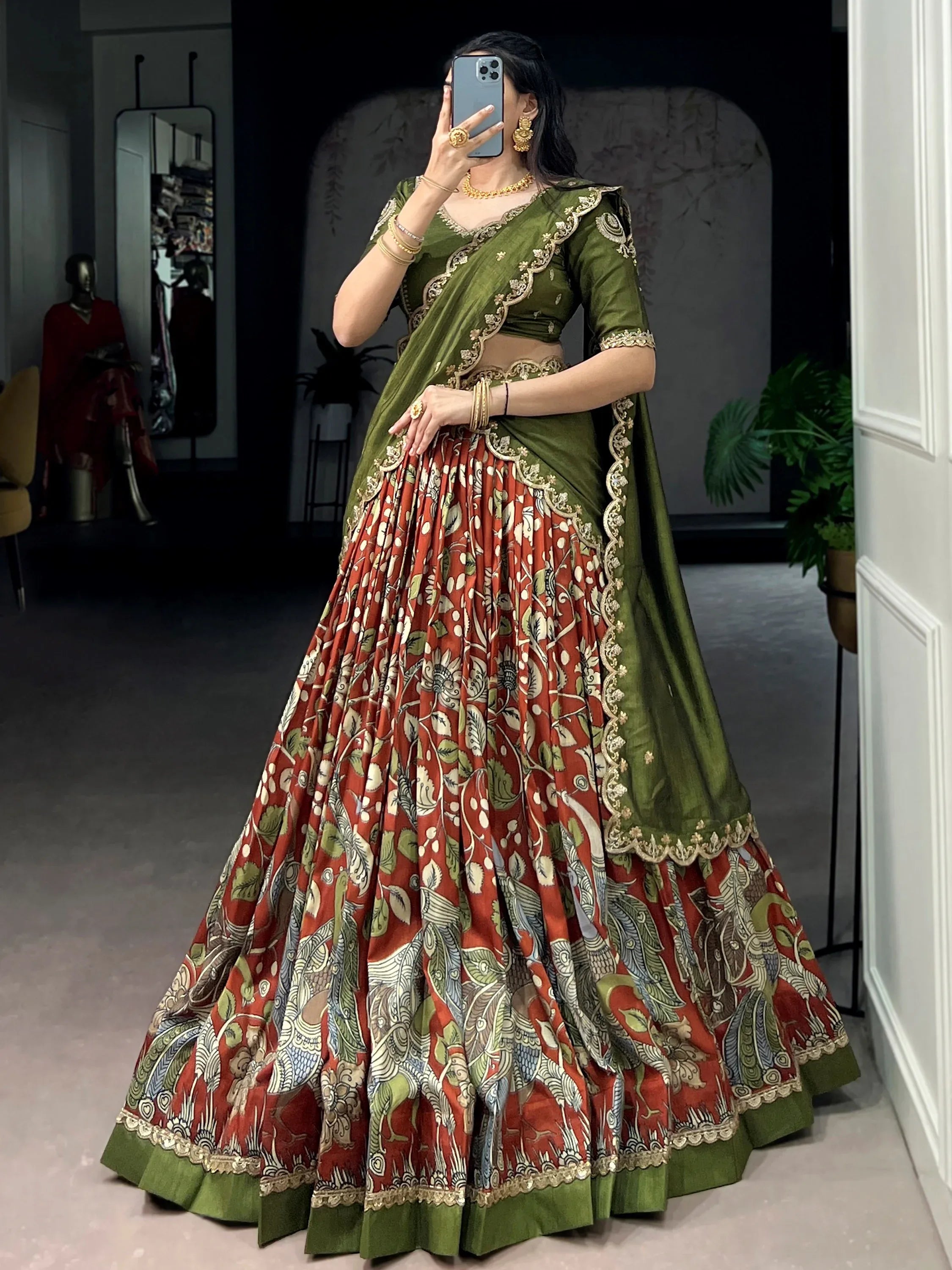 Dazzling Rust Orange Kalamkari Printed Silk Half Saree Lehenga