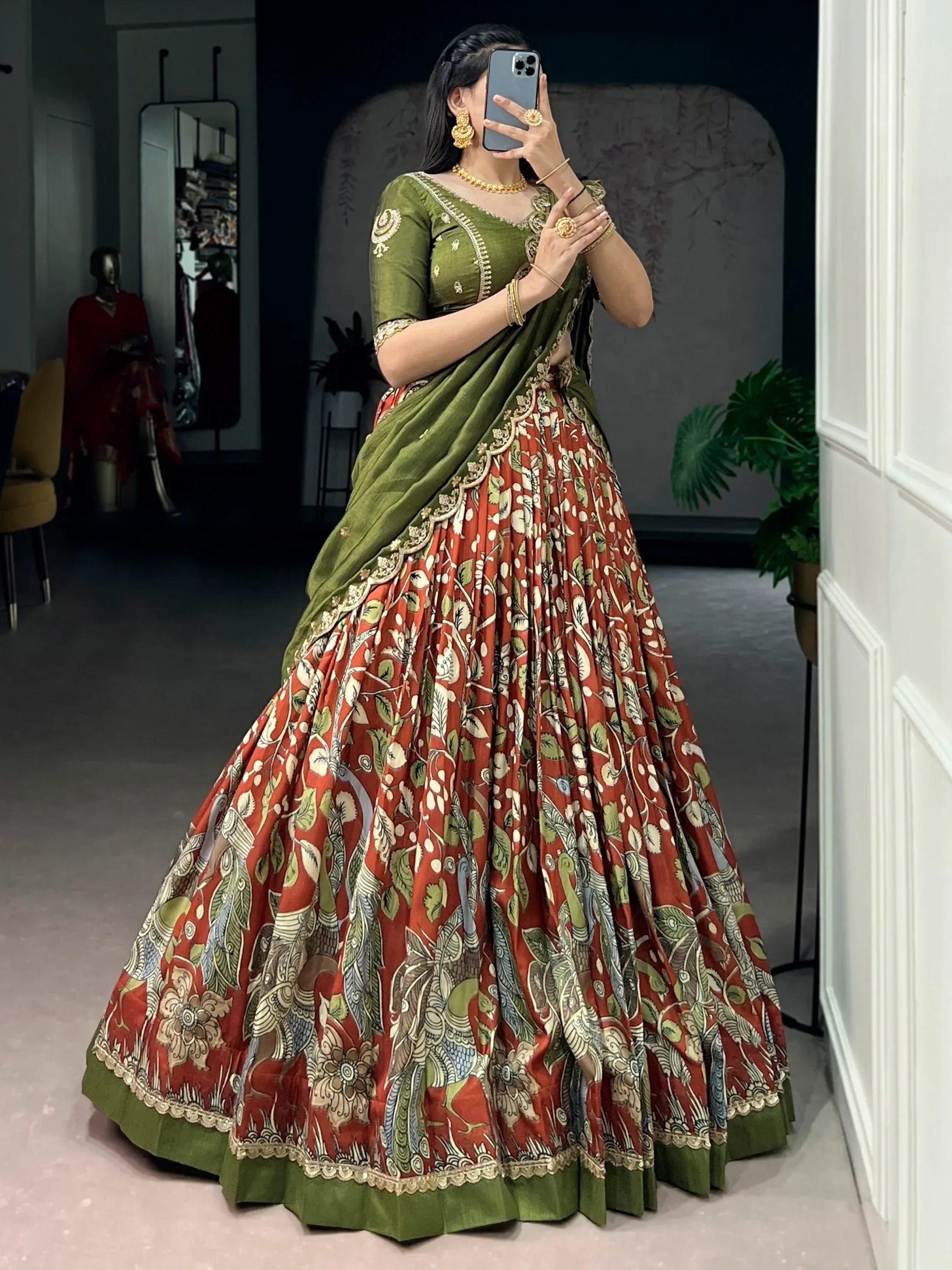 Dazzling Rust Orange Kalamkari Printed Silk Half Saree Lehenga