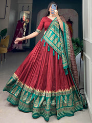 Marvelous Red Foil Work Tussar Silk Lehenga Choli With Dupatta