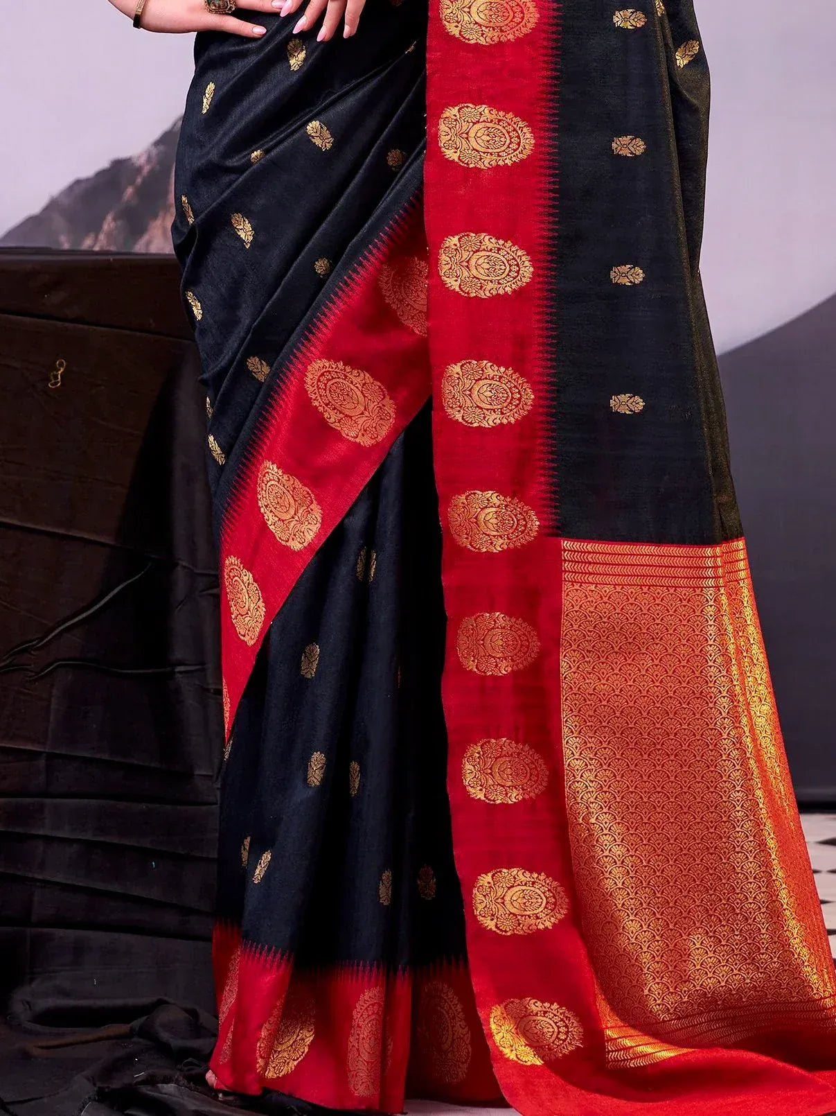 Delicate Black Zari Weaving Cotton Evening Wear Saree With Blouse