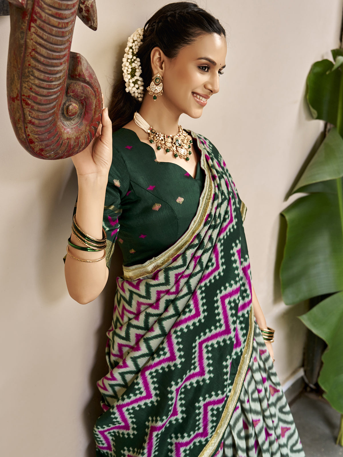 Noteworthy Green Ikkat Printed Silk Mehendi Wear Lehenga Choli