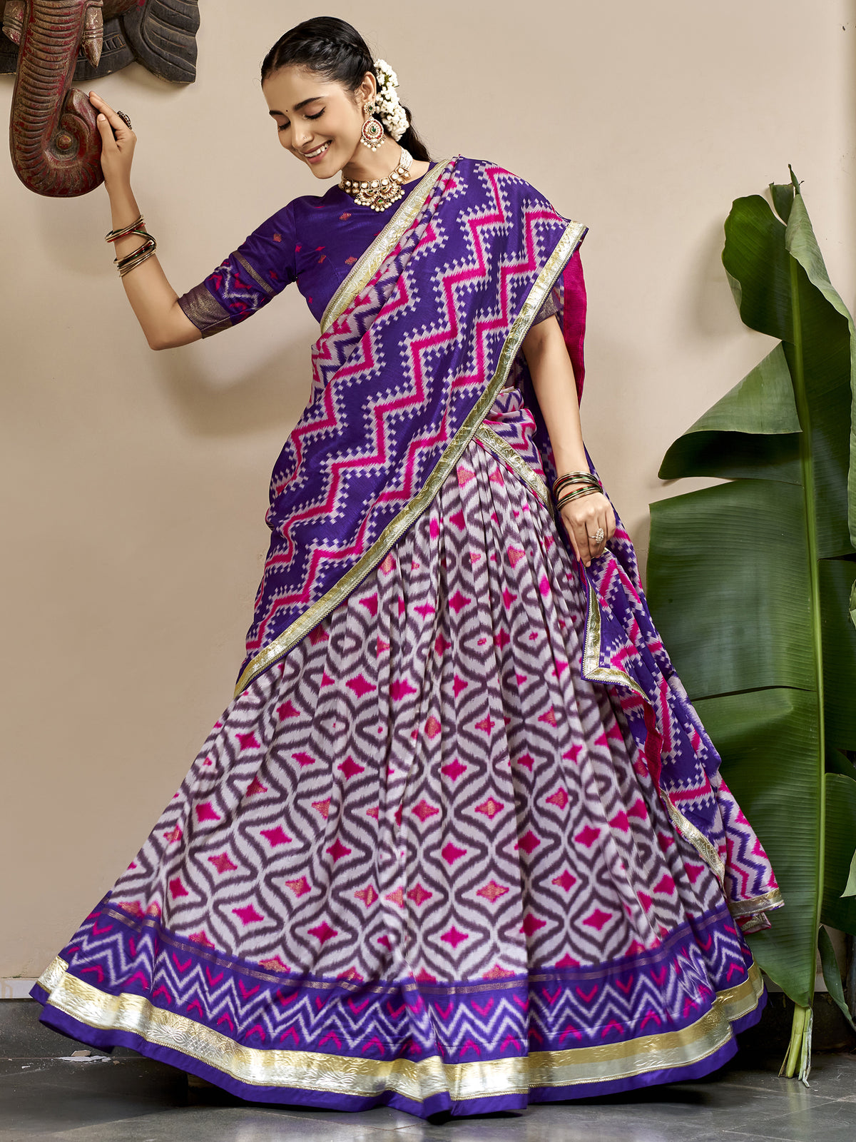 Incredible Purple Foil Printed Silk Festive Wear Lehenga With Blouse