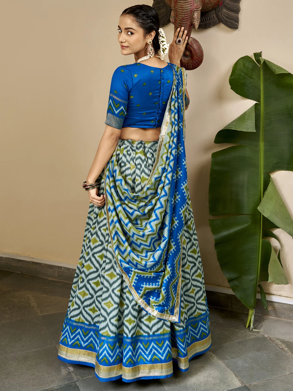 Captivating Sky Blue Ikkat Printed Silk Event Wear Lehenga Choli
