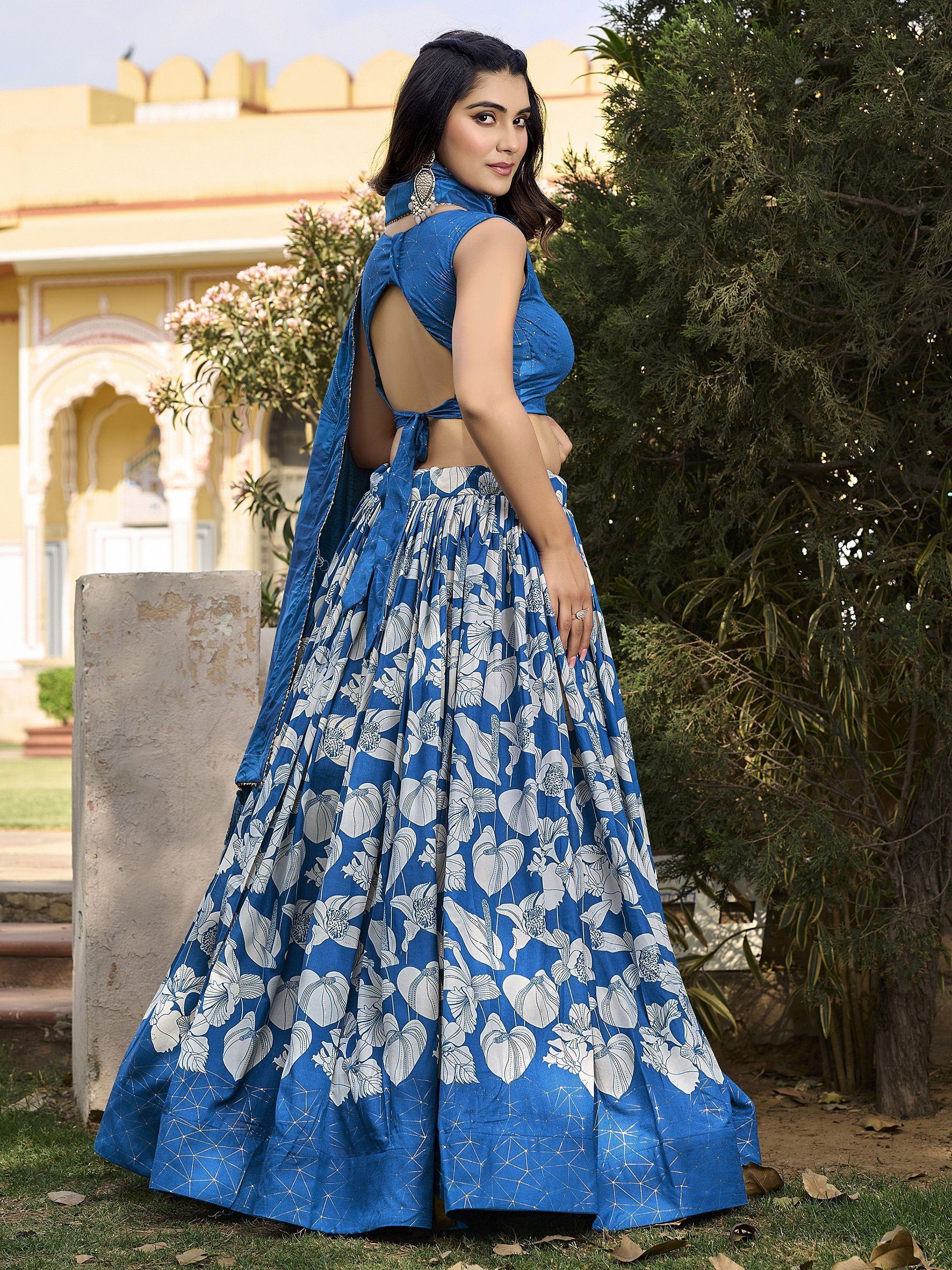 Glamorous Blue Floral Printed Tussar Silk Function Wear Lehenga Choli