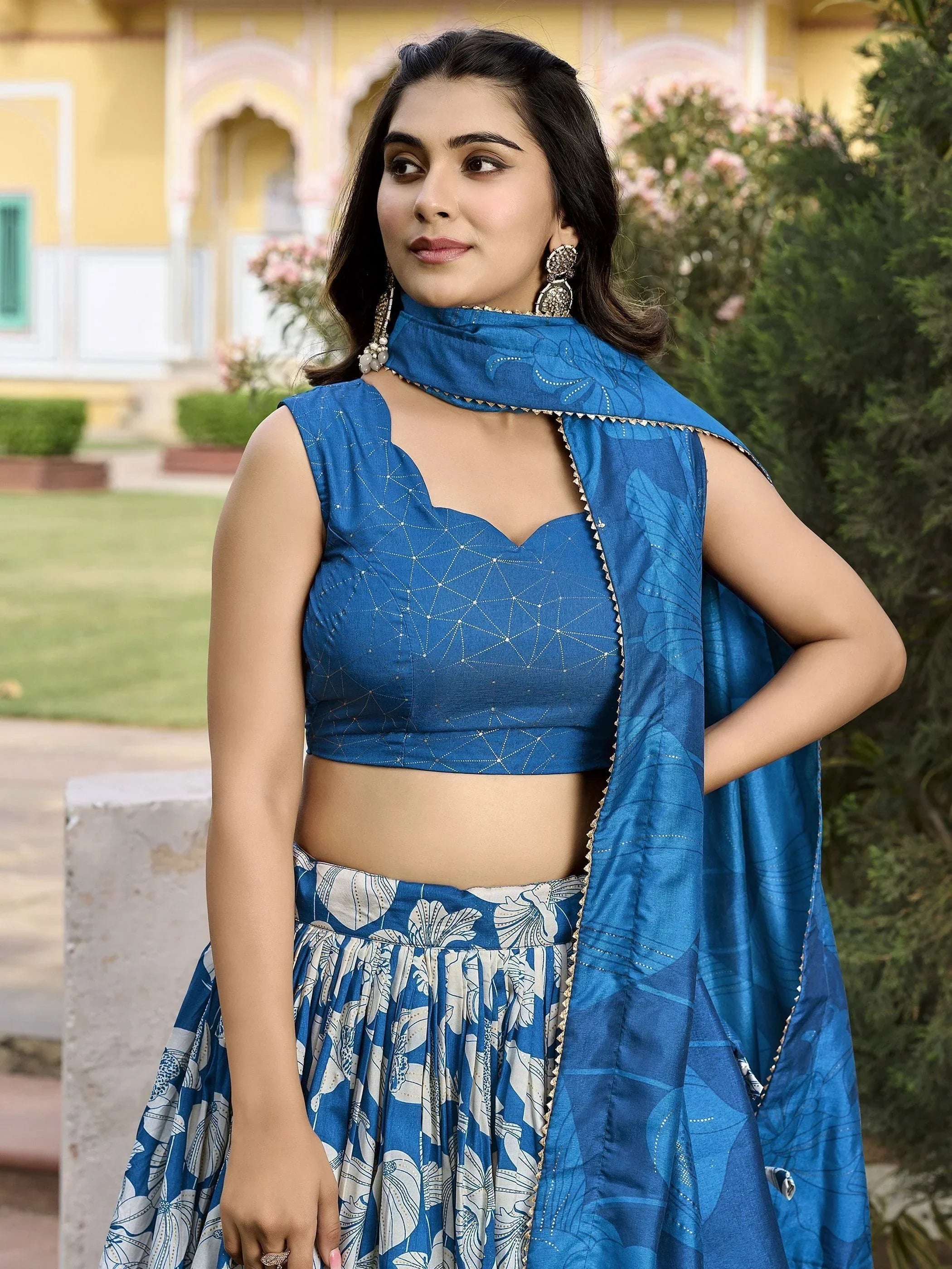 Glamorous Blue Floral Printed Tussar Silk Function Wear Lehenga Choli