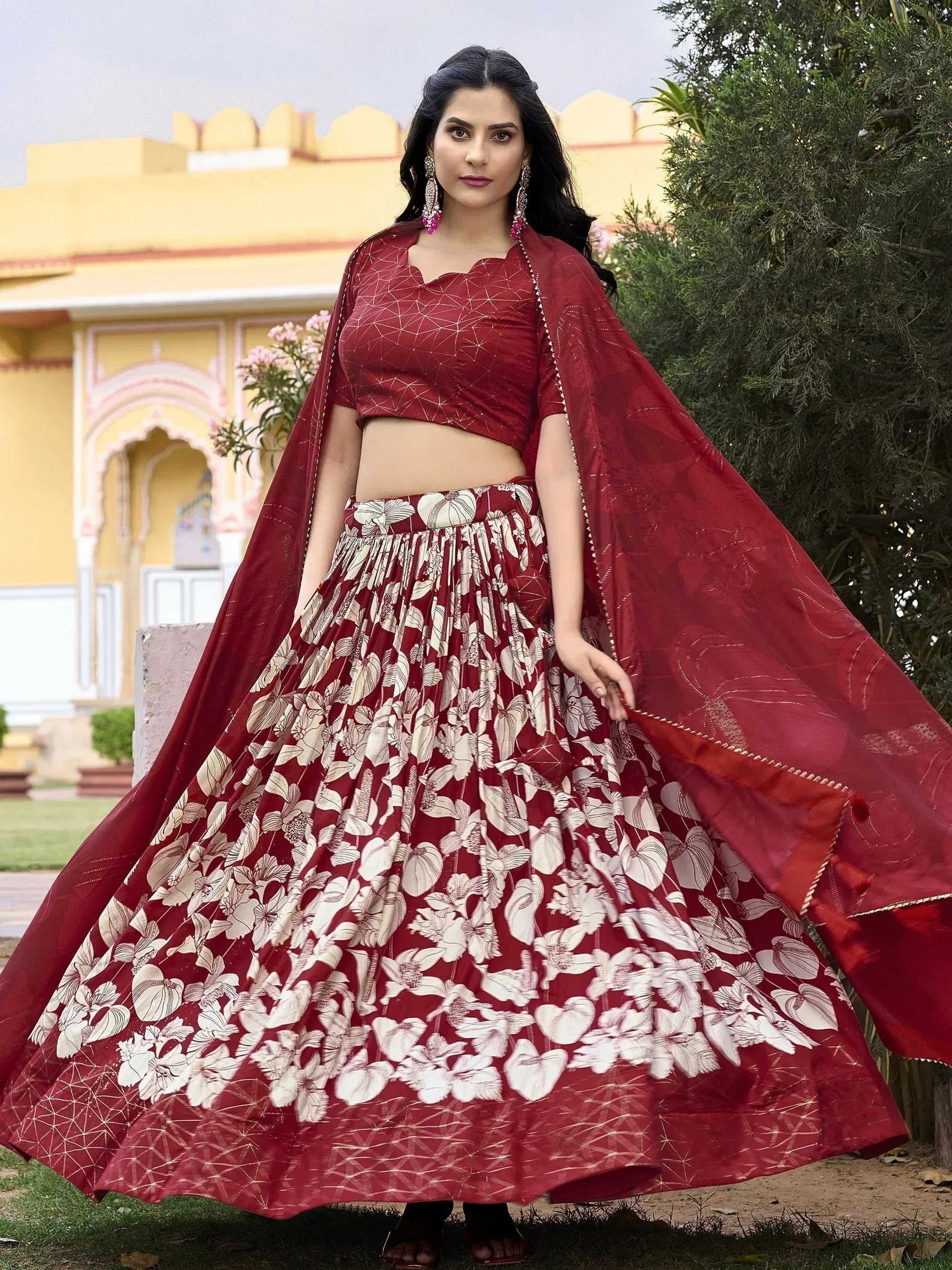 Red floral print lehenga choli with geometric blouse and dupatta, Indian ethnic wear