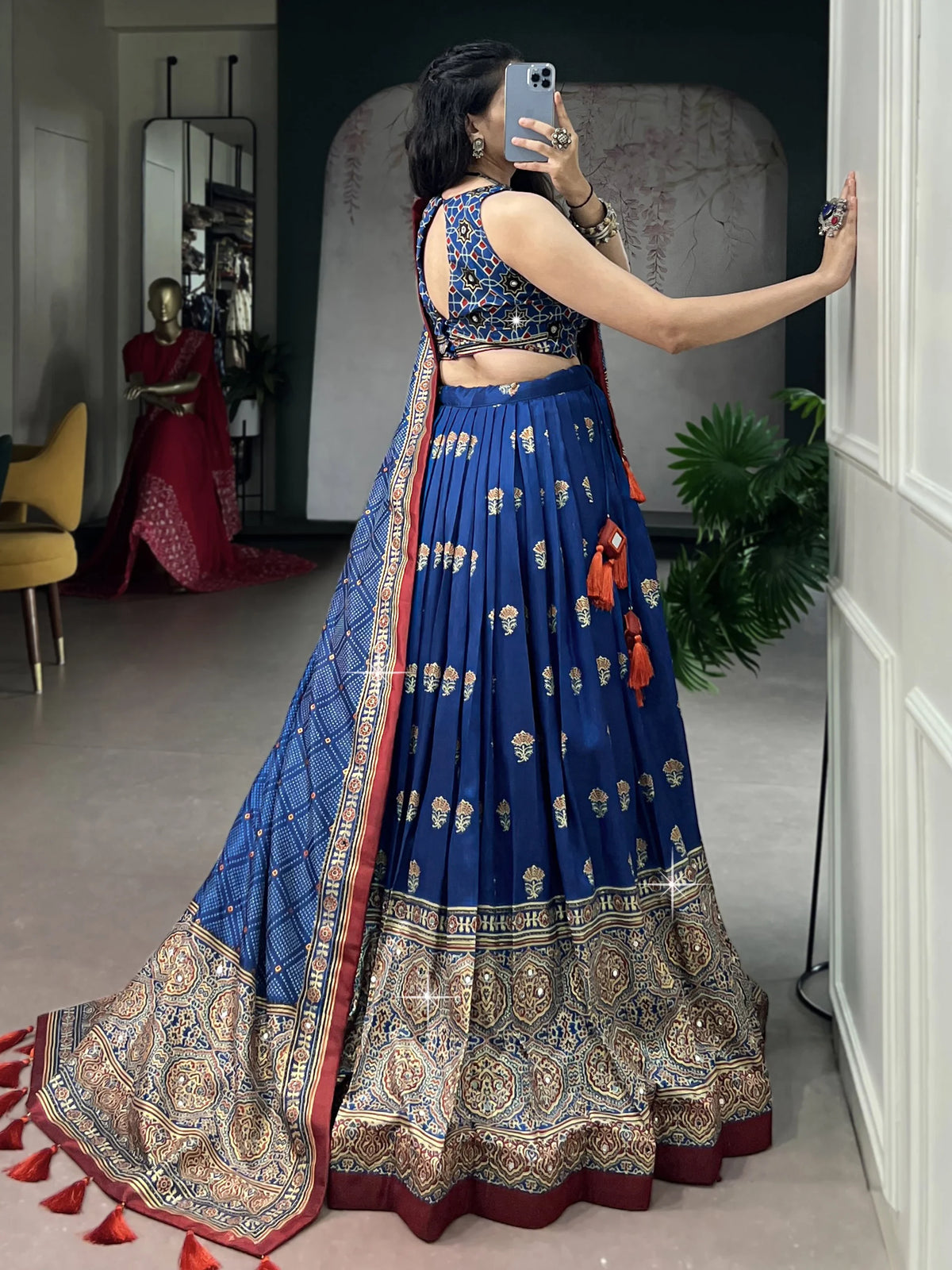 Regal Blue Ajarakh Printed Silk Navratri Wear Lehenga Choli With Dupatta