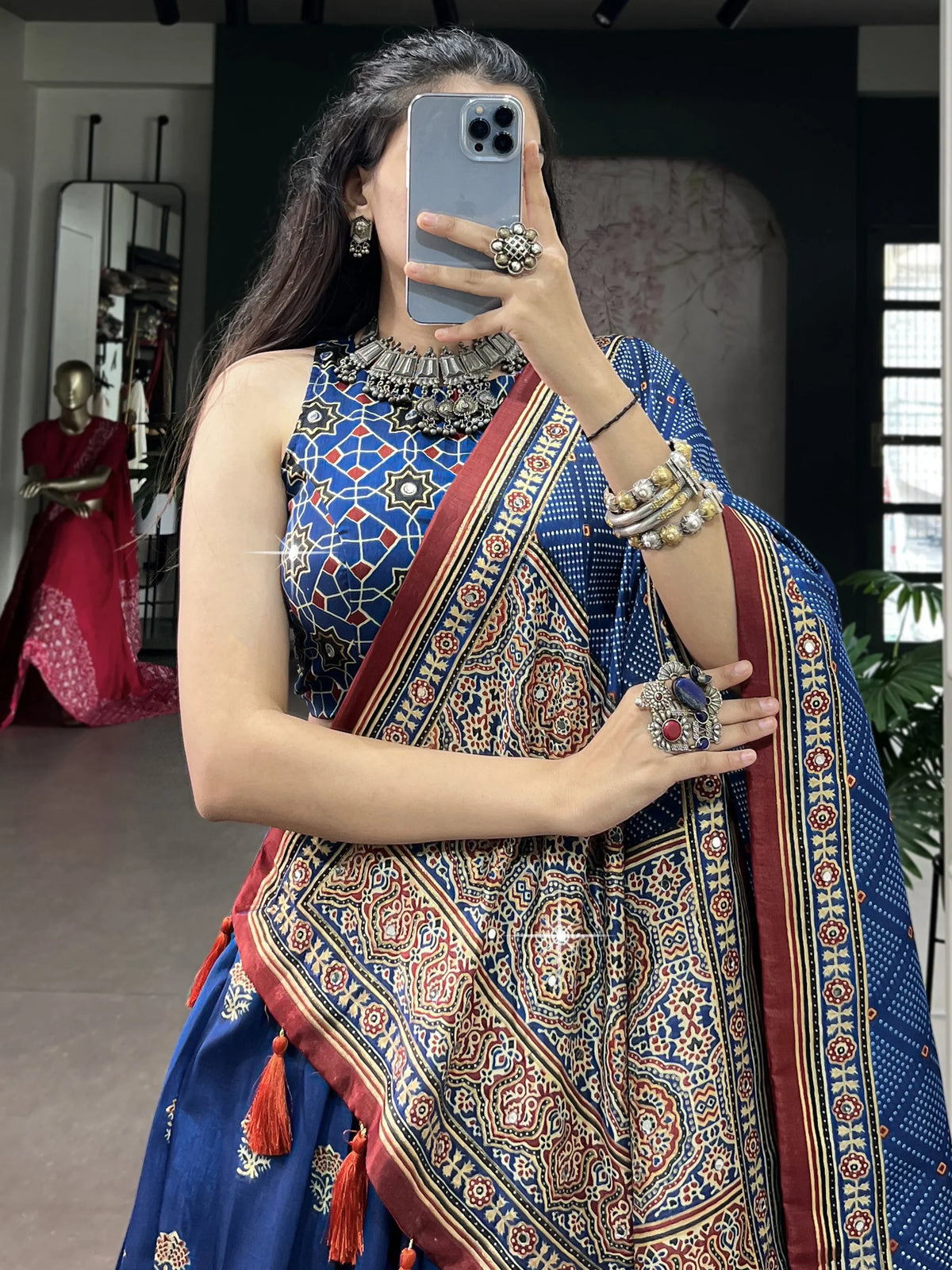 Regal Blue Ajarakh Printed Silk Navratri Wear Lehenga Choli With Dupatta