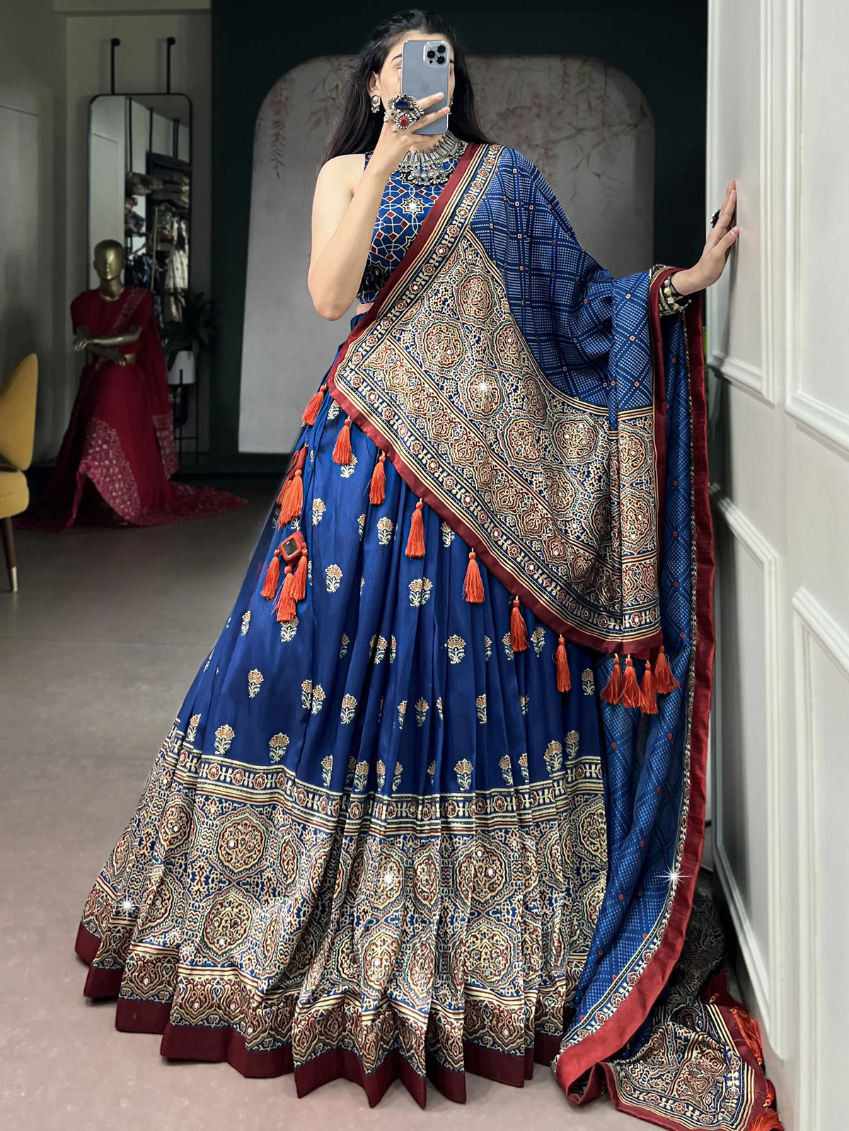 Regal Blue Ajarakh Printed Silk Navratri Wear Lehenga Choli With Dupatta