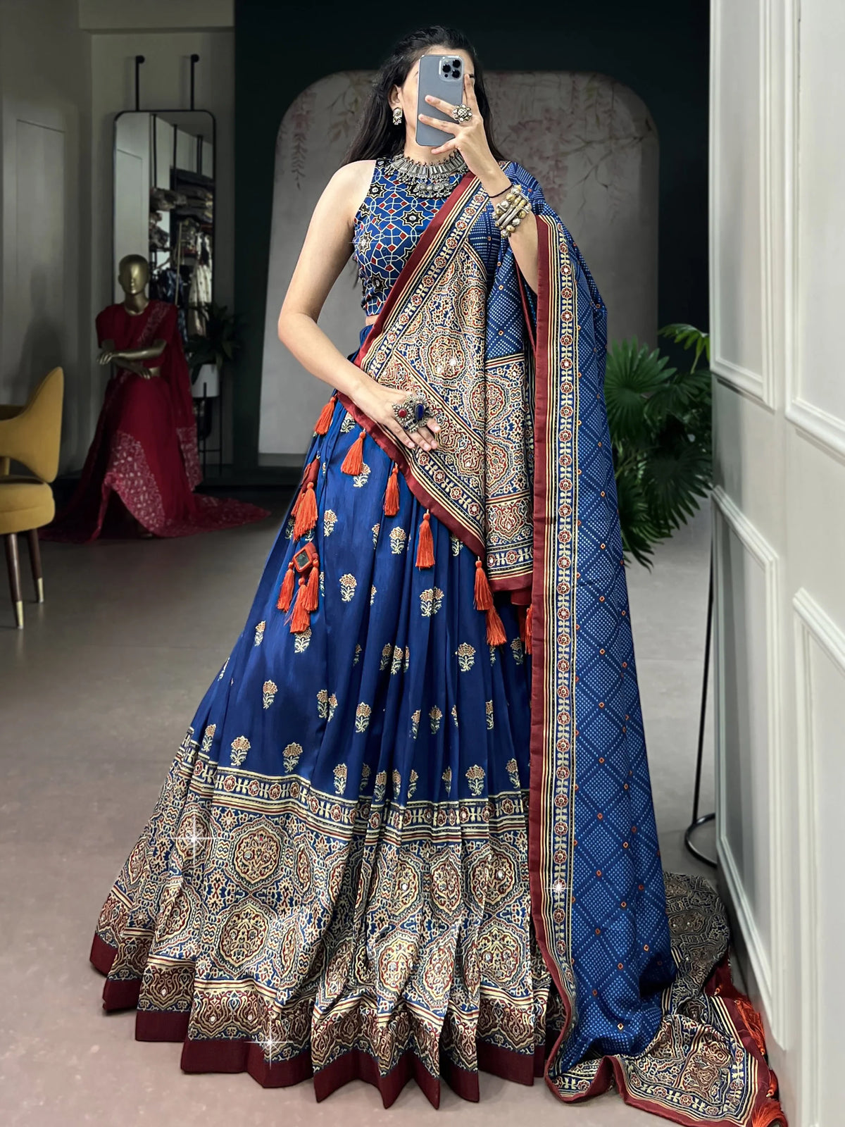 Regal Blue Ajarakh Printed Silk Navratri Wear Lehenga Choli With Dupatta