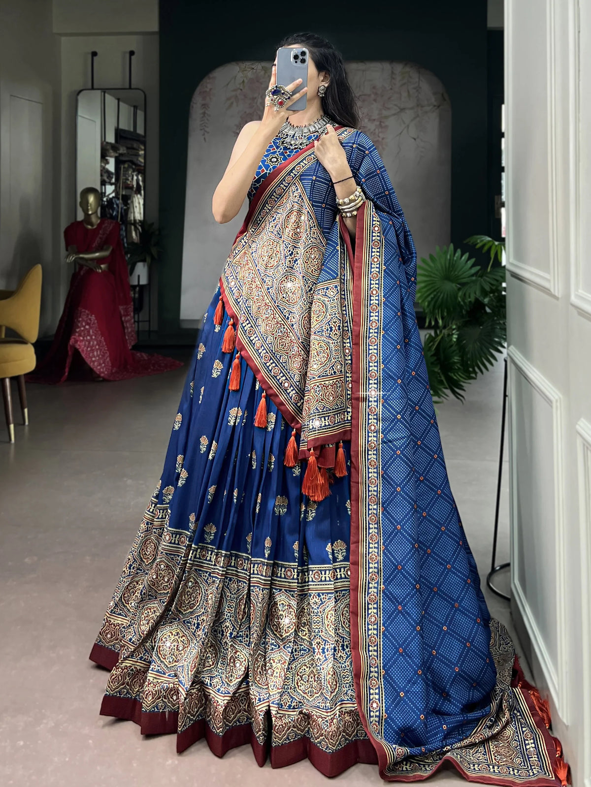 Regal Blue Ajarakh Printed Silk Navratri Wear Lehenga Choli With Dupatta