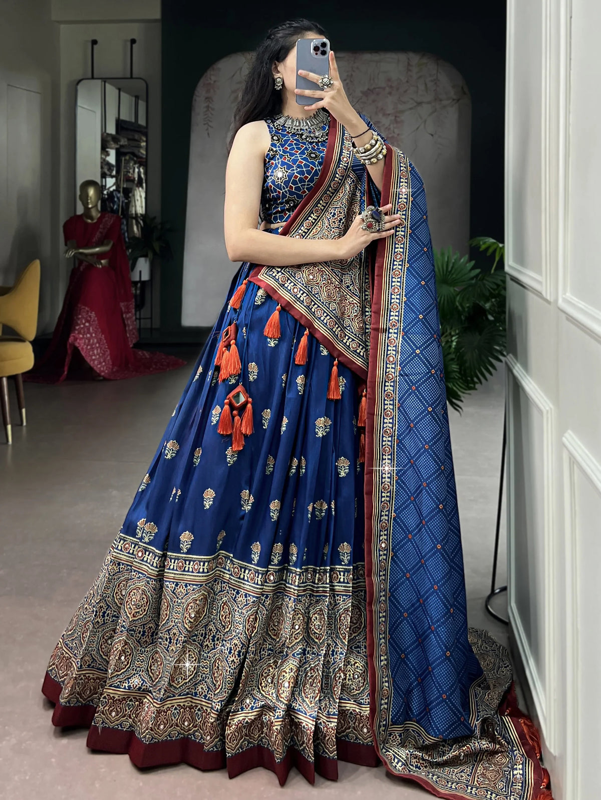 Regal Blue Ajarakh Printed Silk Navratri Wear Lehenga Choli With Dupatta