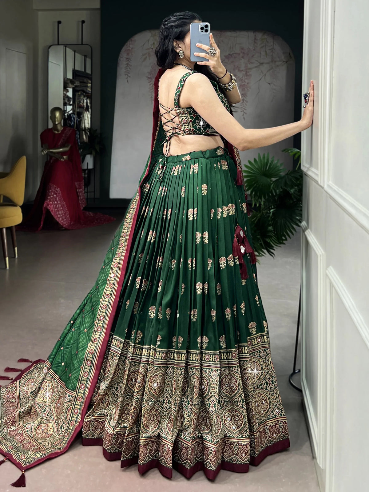 Majestic Green Ajarakh Printed Navratri Wear Lehenga Choli With Dupatta