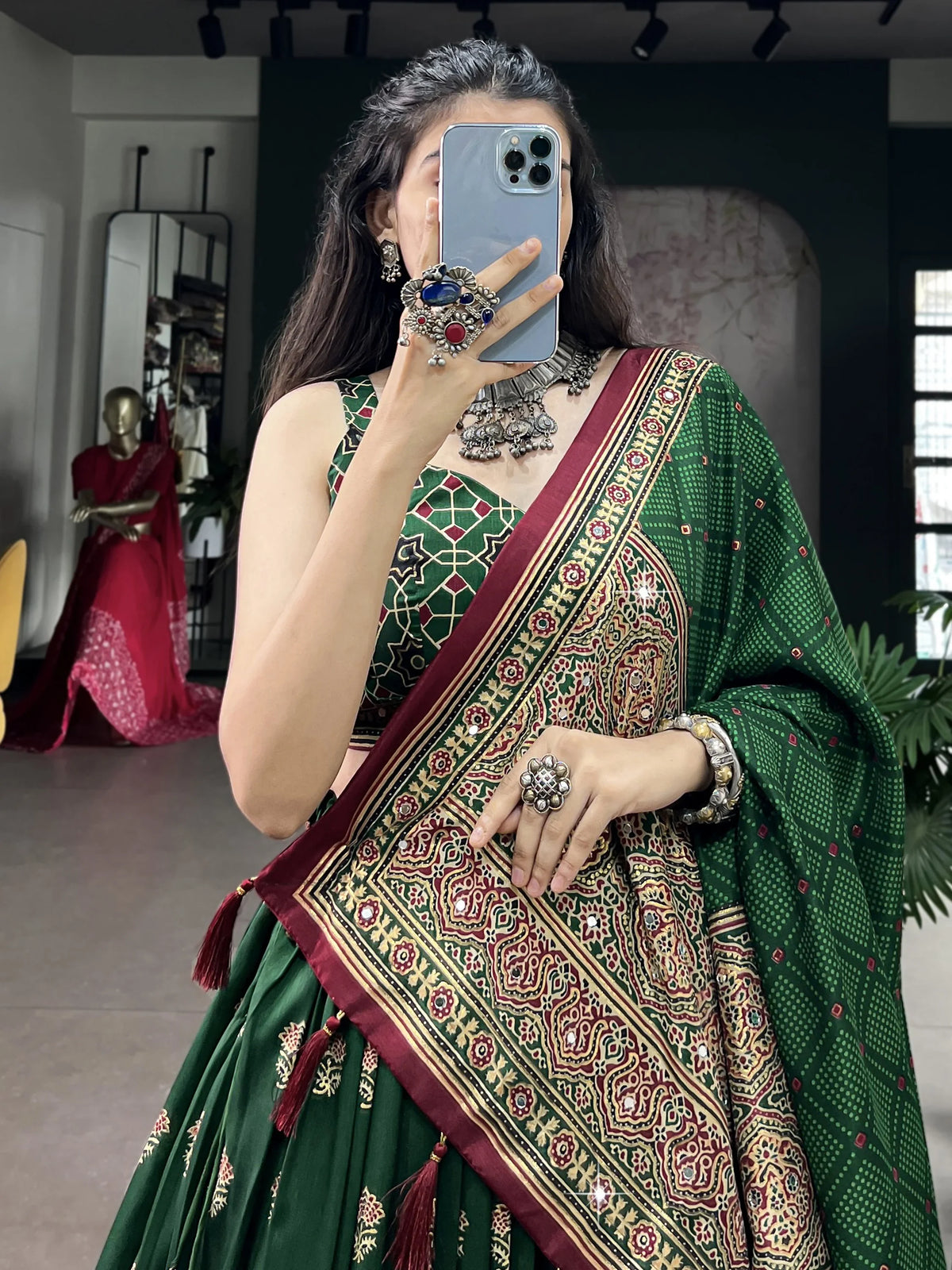 Majestic Green Ajarakh Printed Navratri Wear Lehenga Choli With Dupatta