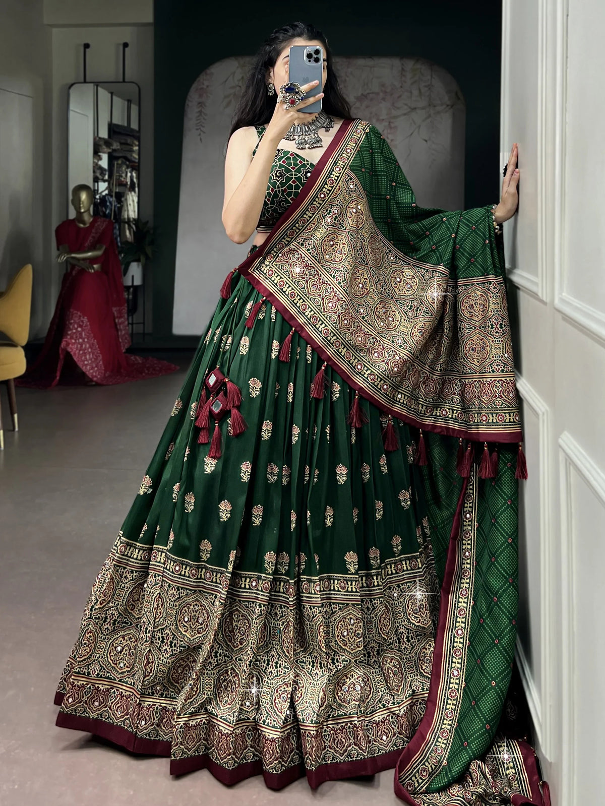 Majestic Green Ajarakh Printed Navratri Wear Lehenga Choli With Dupatta