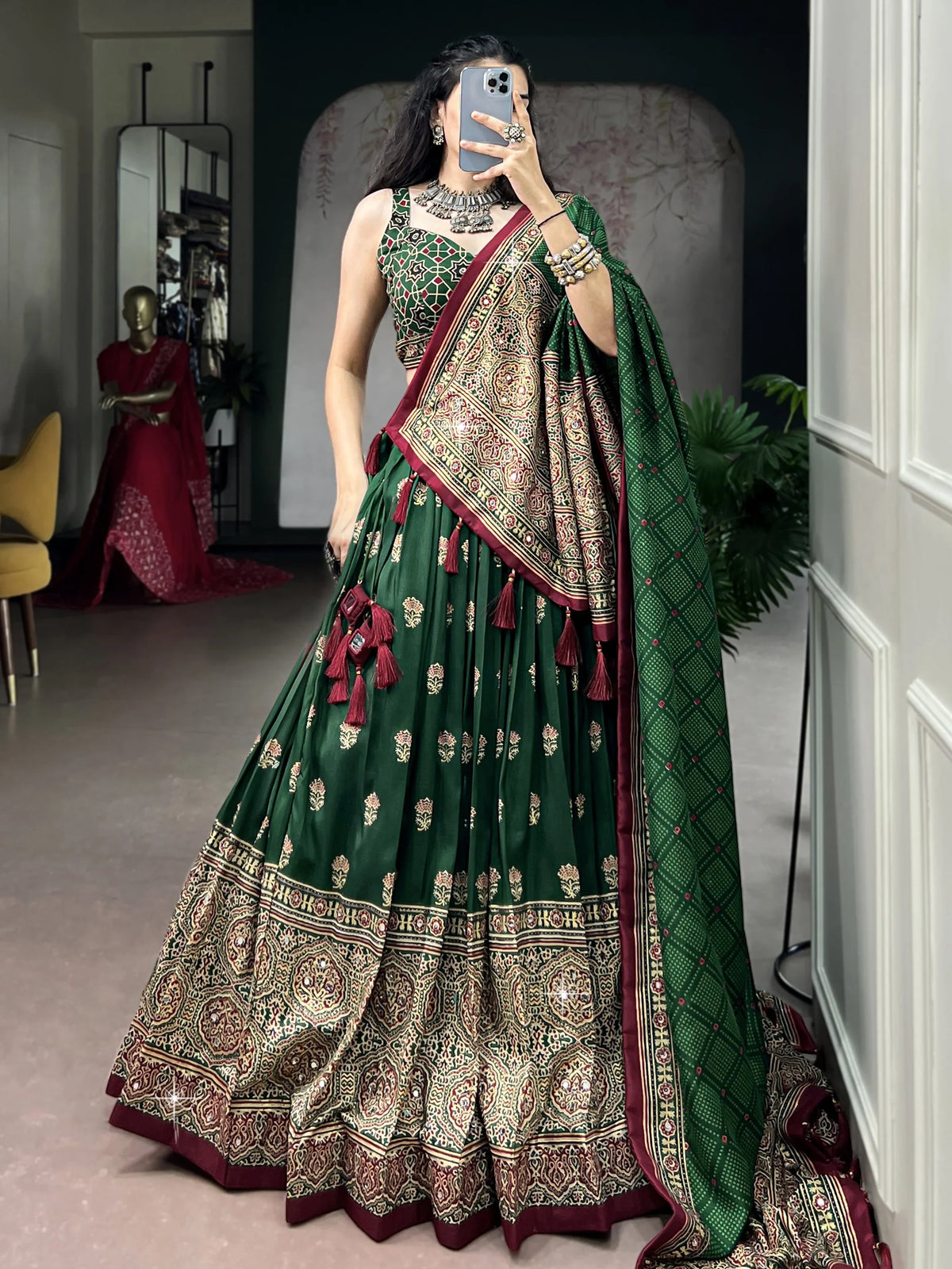 Majestic Green Ajarakh Printed Navratri Wear Lehenga Choli With Dupatta