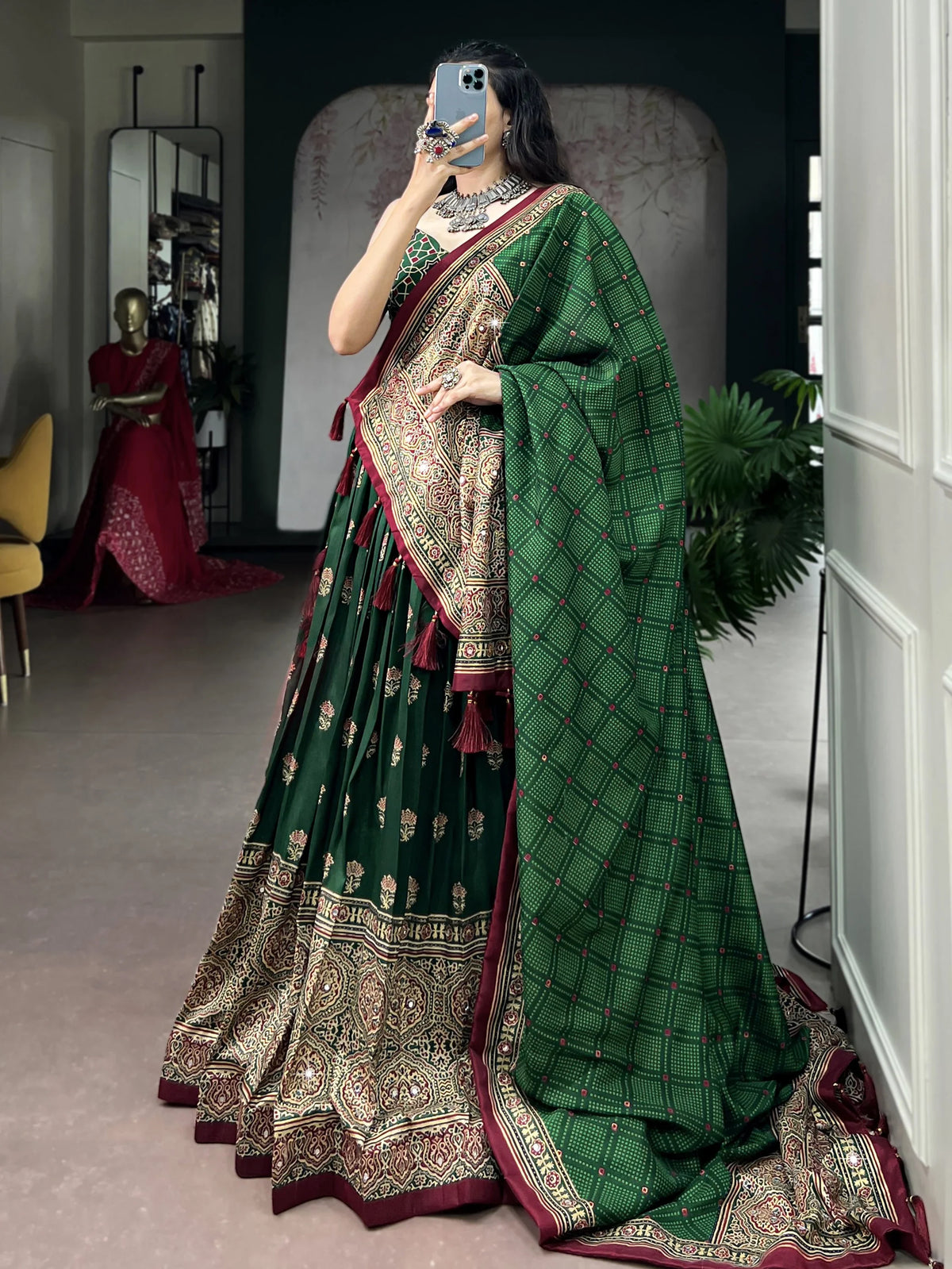 Majestic Green Ajarakh Printed Navratri Wear Lehenga Choli With Dupatta