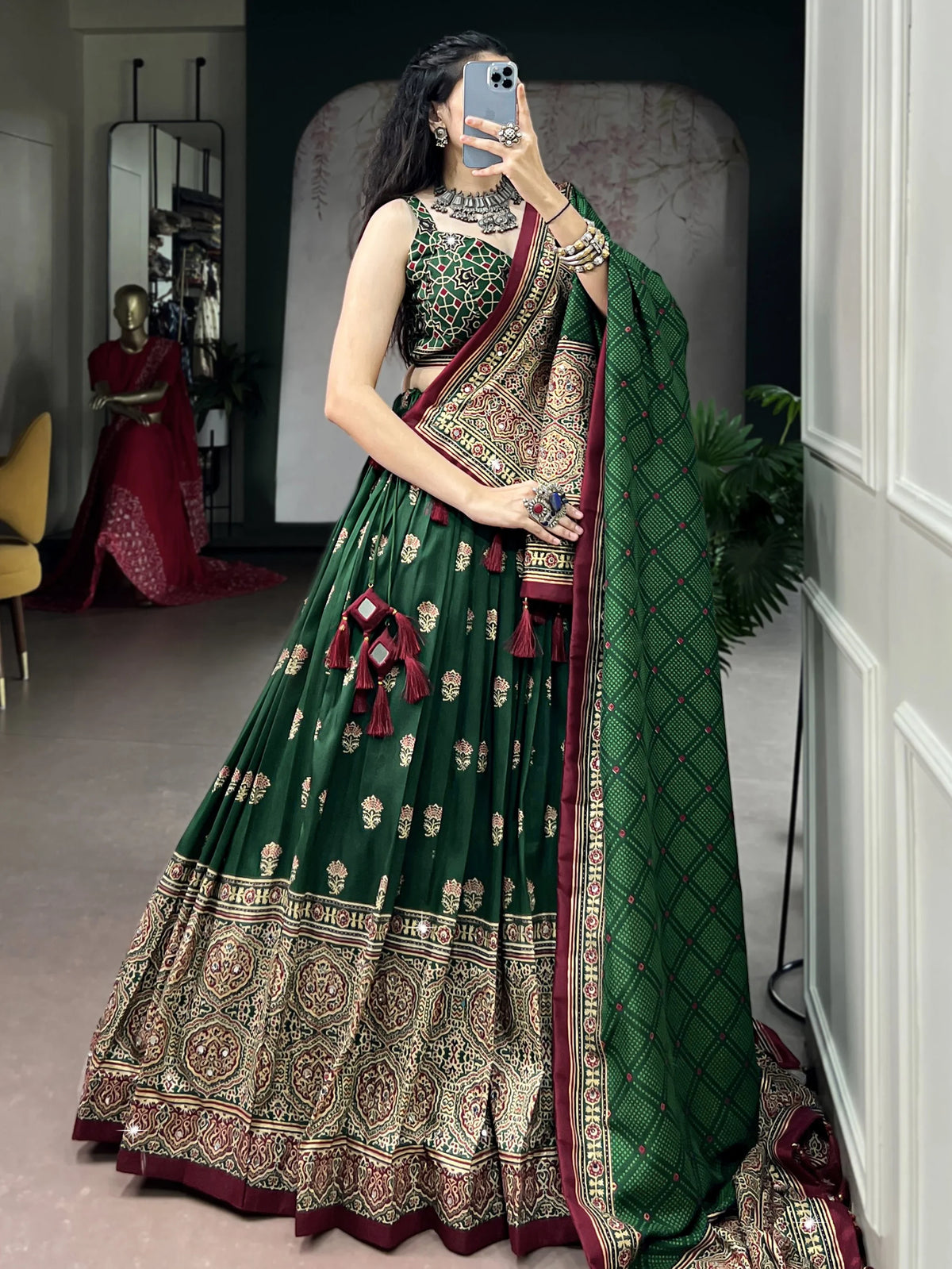 Majestic Green Ajarakh Printed Navratri Wear Lehenga Choli With Dupatta