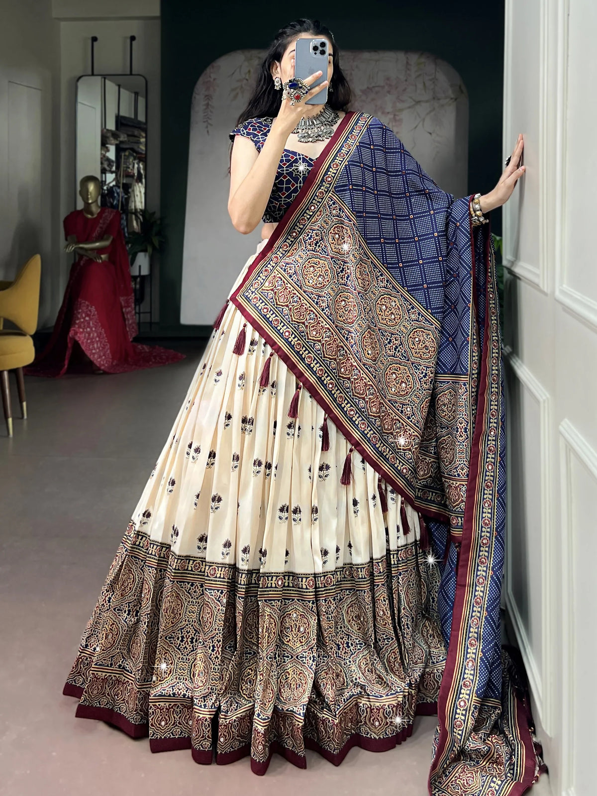Notable Off-White Digital Printed Silk Navratri Special Lehenga Choli