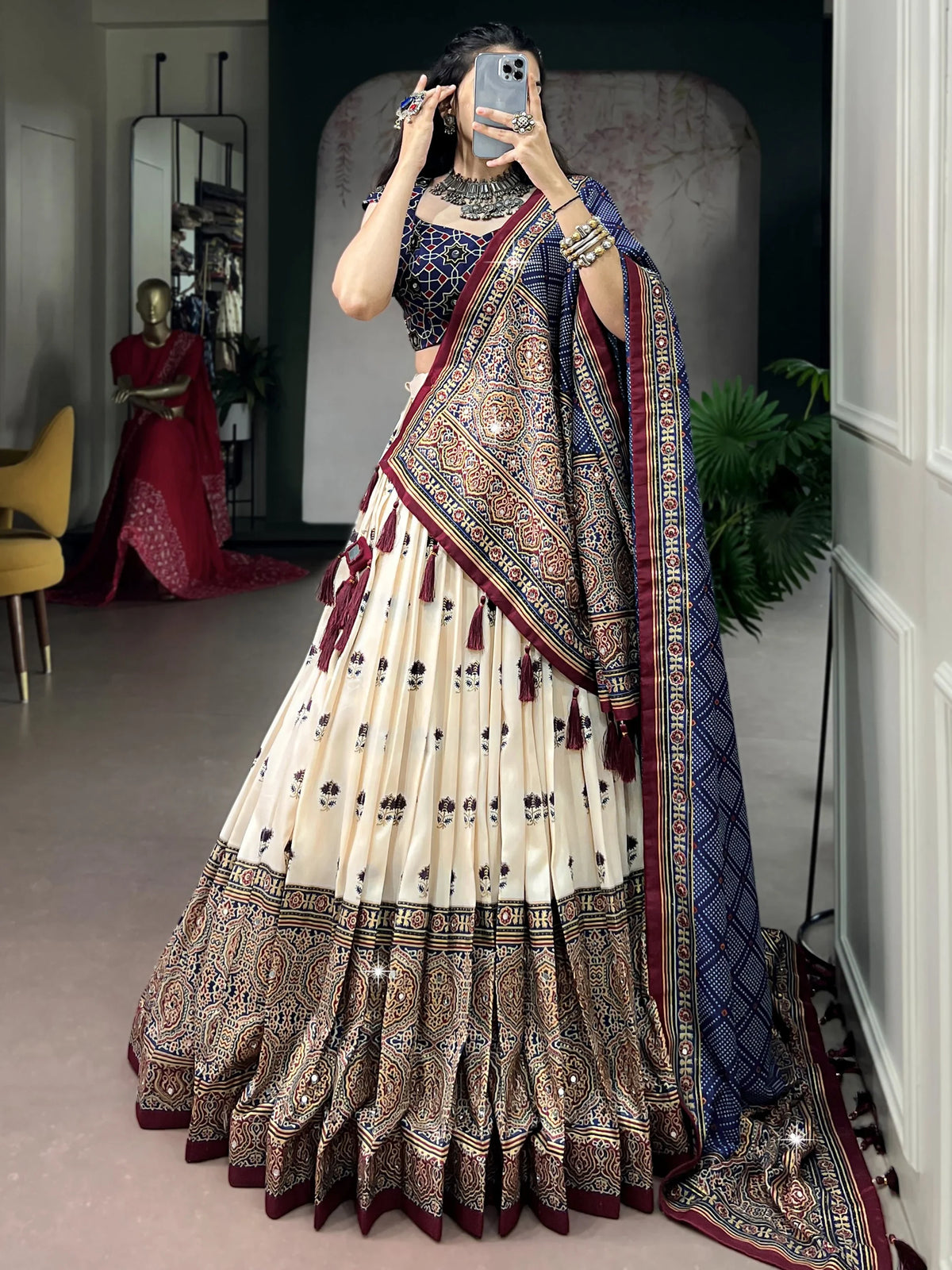 Notable Off-White Digital Printed Silk Navratri Special Lehenga Choli