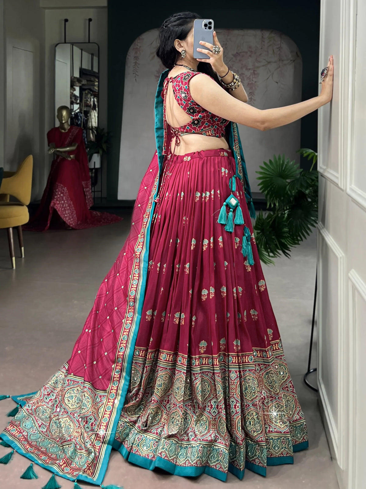 Gorgeous Pink Ajarakh Printed Silk Navratri Wear Lehenga With Blouse