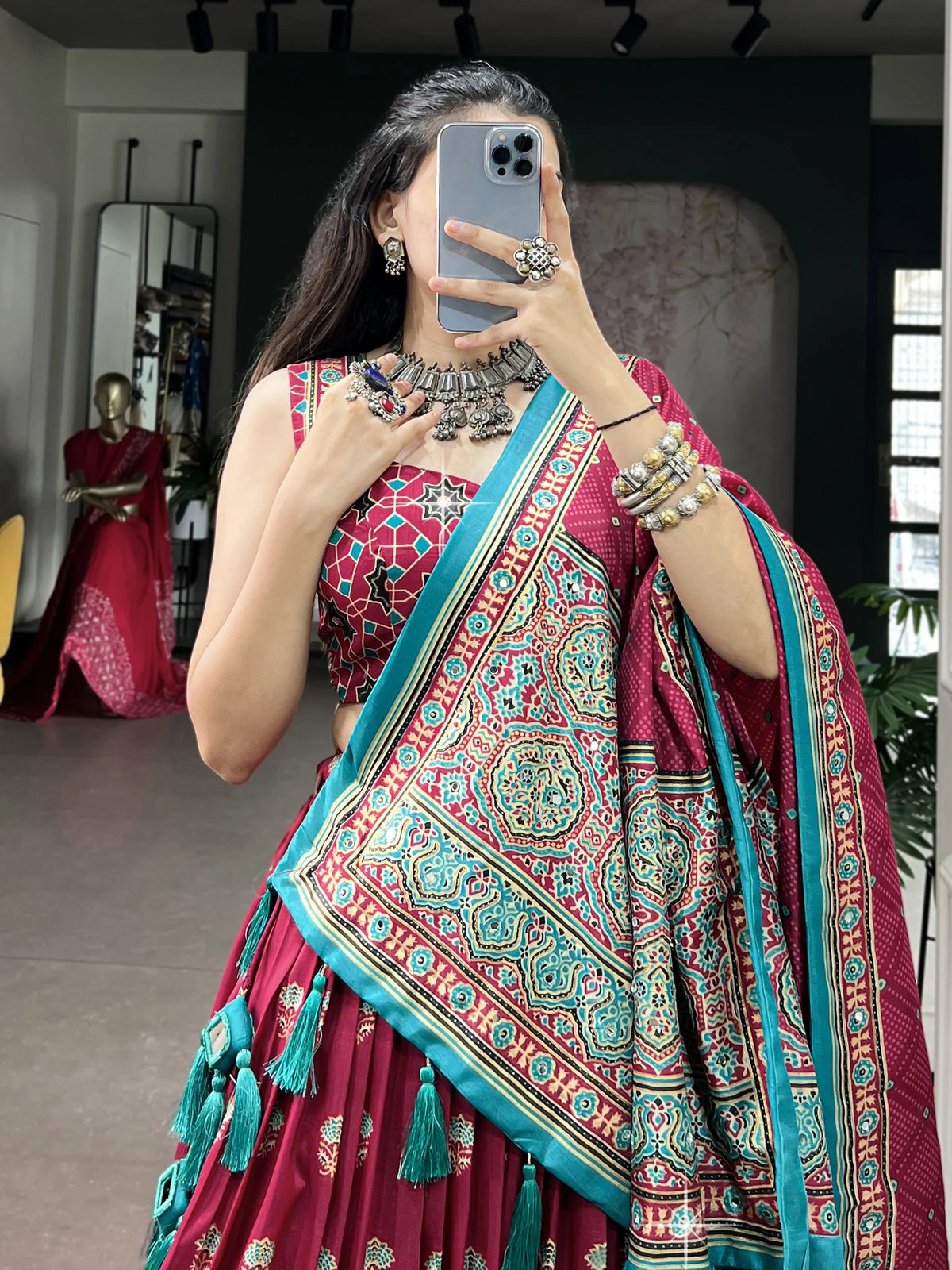 Gorgeous Pink Ajarakh Printed Silk Navratri Wear Lehenga With Blouse