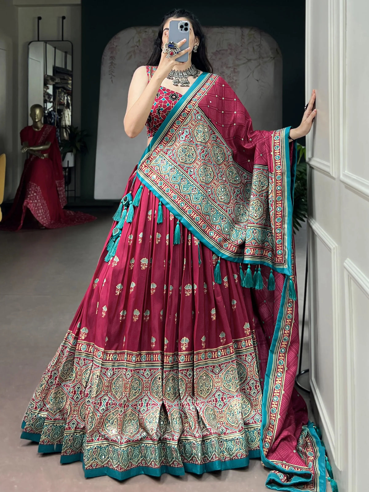 Gorgeous Pink Ajarakh Printed Silk Navratri Wear Lehenga With Blouse