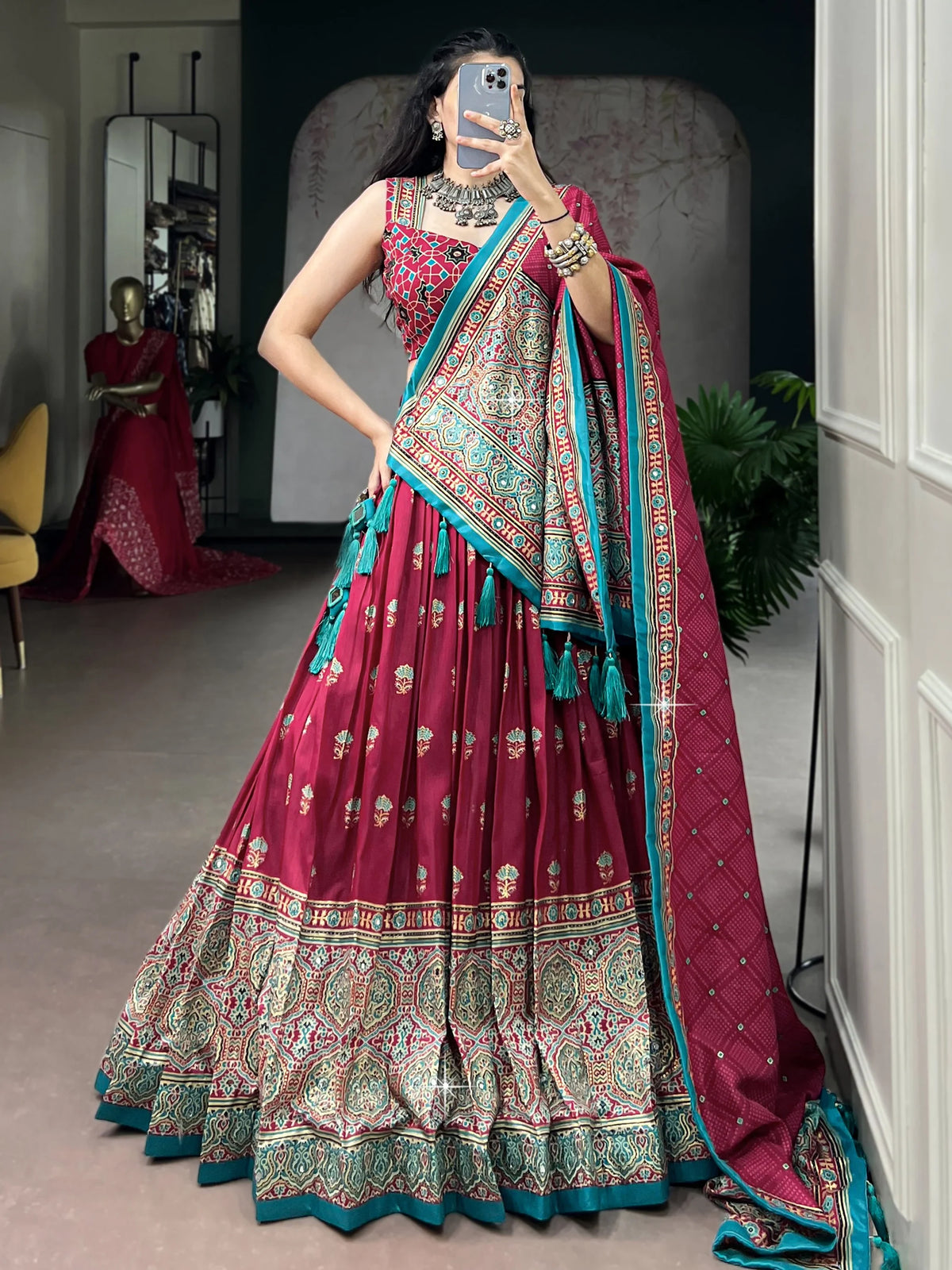 Gorgeous Pink Ajarakh Printed Silk Navratri Wear Lehenga With Blouse