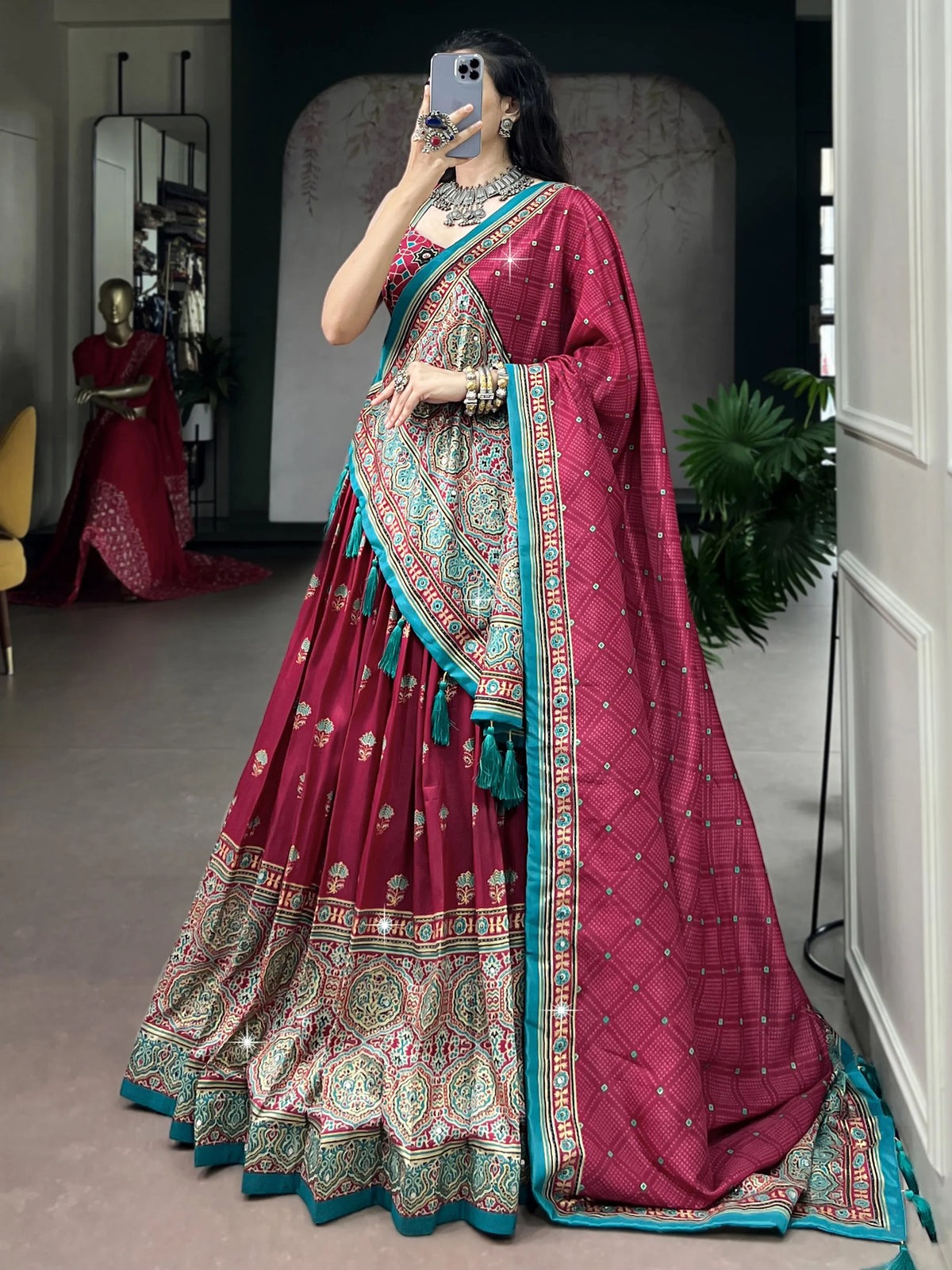 Gorgeous Pink Ajarakh Printed Silk Navratri Wear Lehenga With Blouse