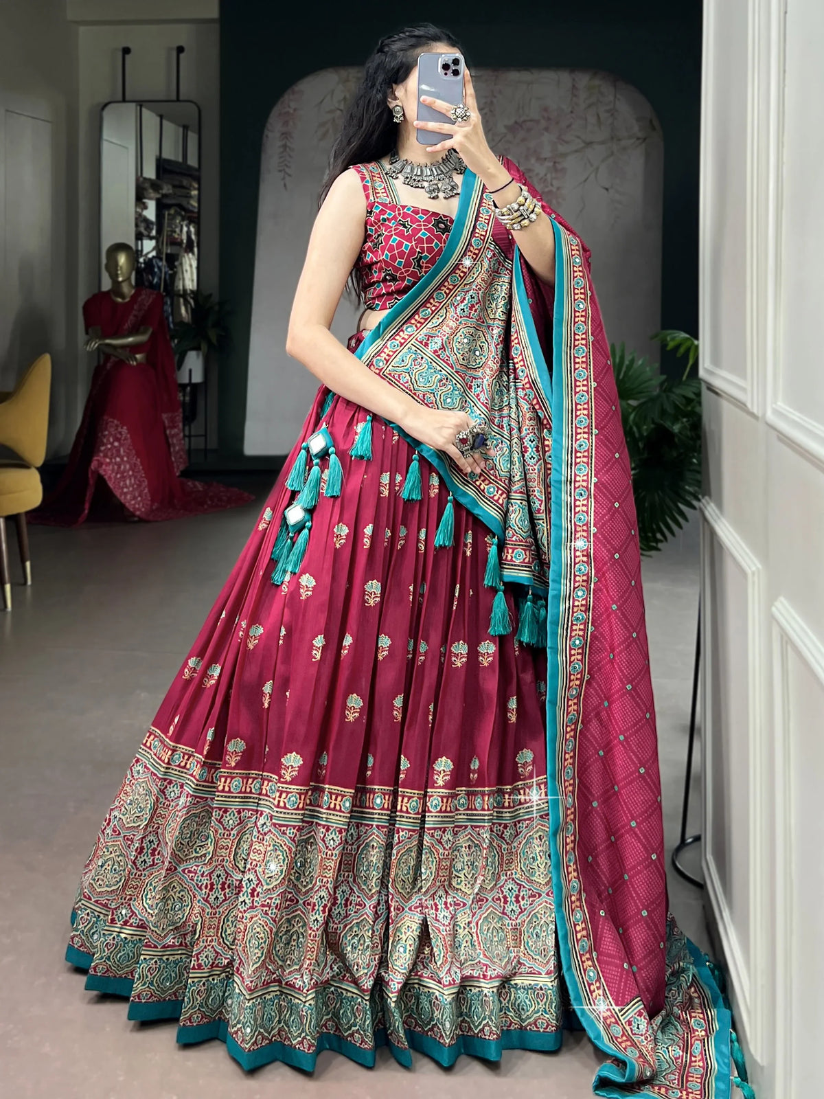 Gorgeous Pink Ajarakh Printed Silk Navratri Wear Lehenga With Blouse