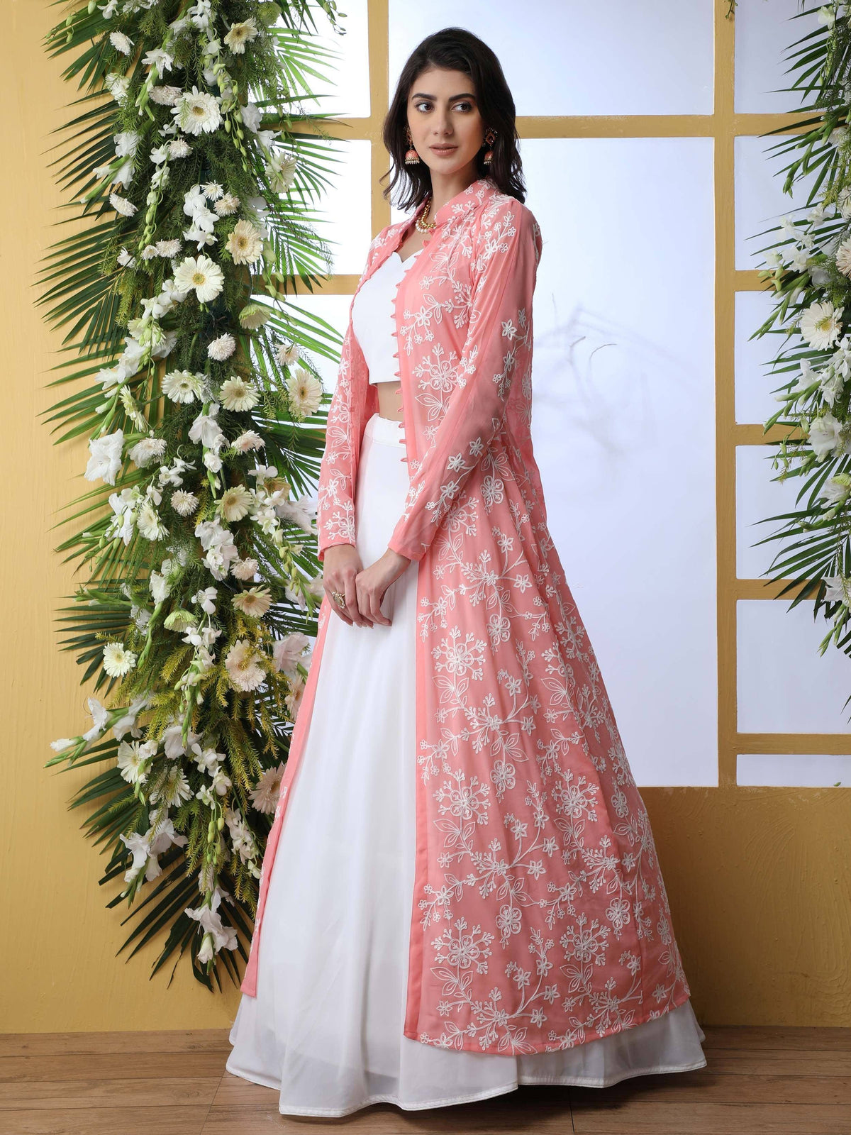 Pink floral embroidered Indian ethnic gown with white skirt, perfect for weddings and festive occasions
