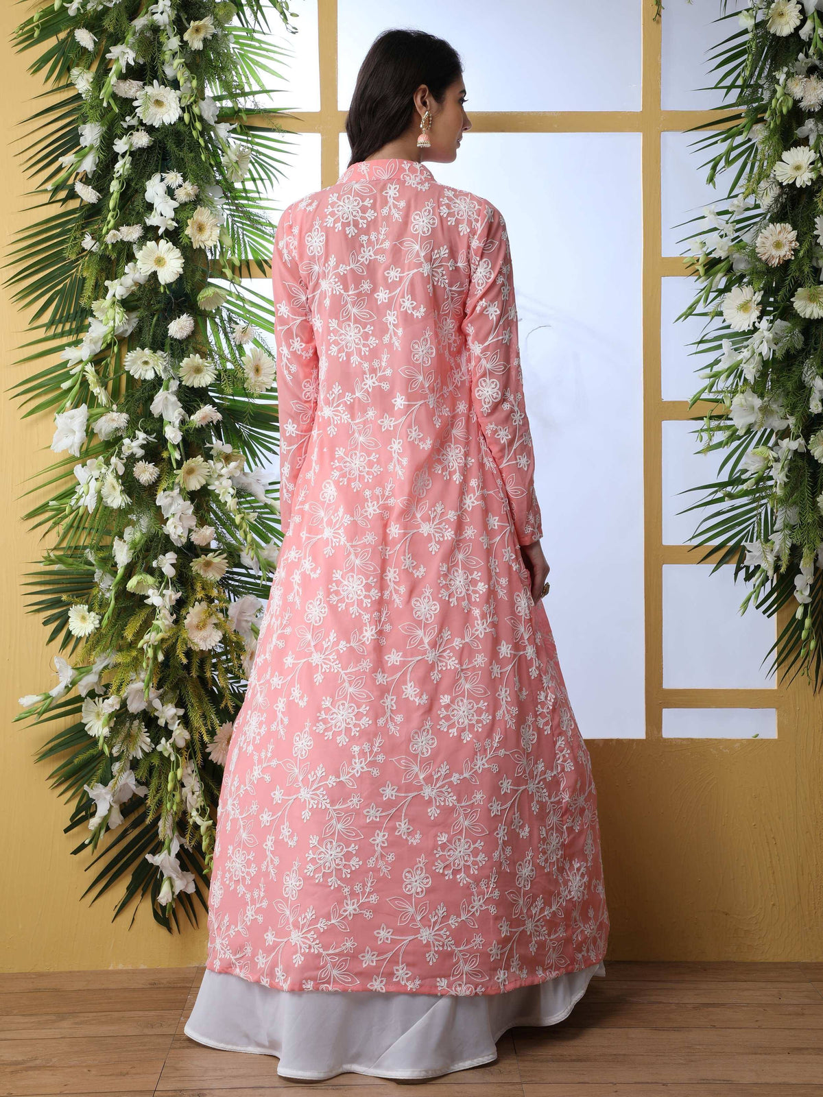 Pink floral embroidered ethnic kurta with white skirt, perfect for Indian occasions