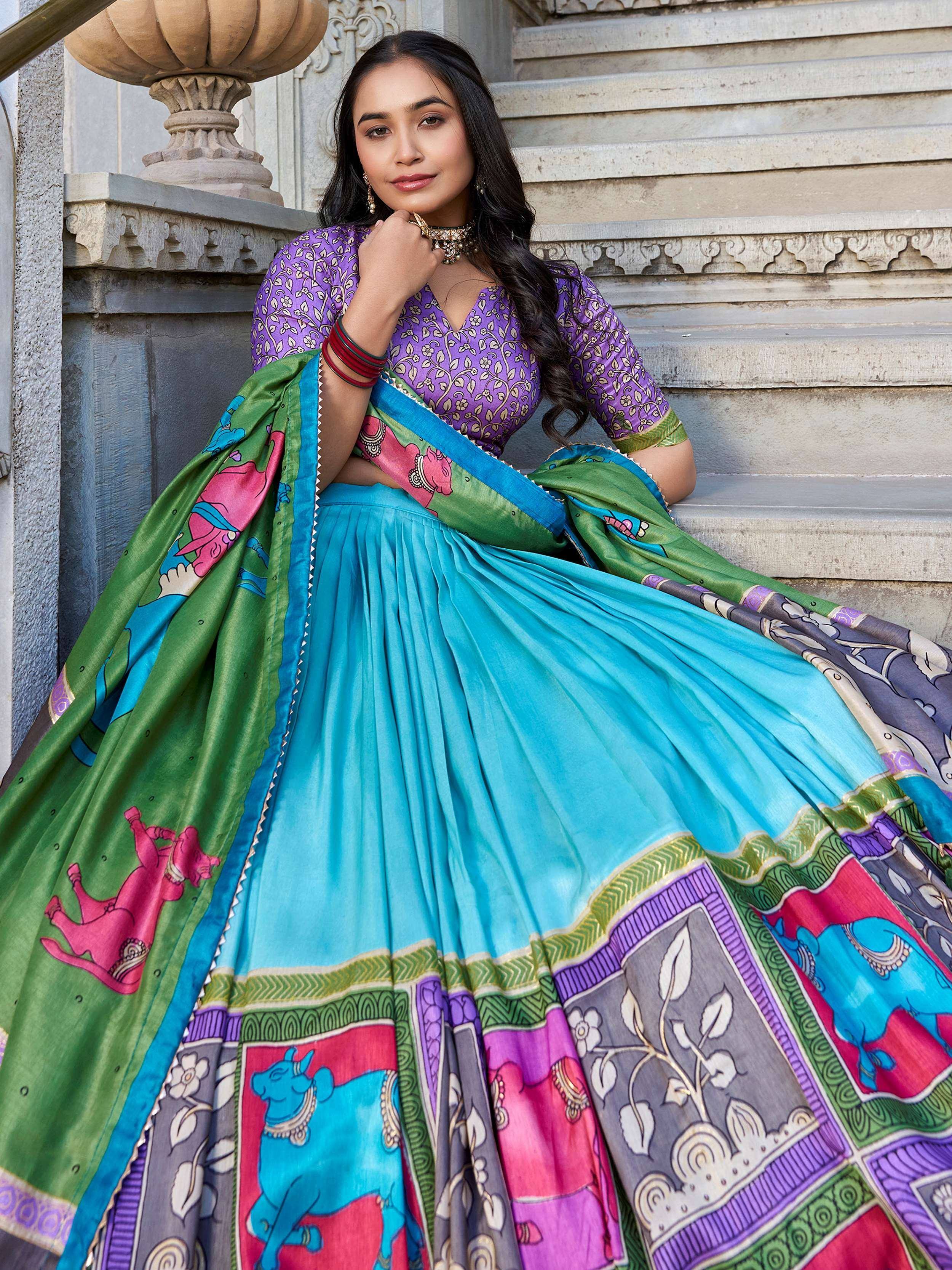 Amazing Blue Kalamkari Printed Tussar Silk Lehenga Choli