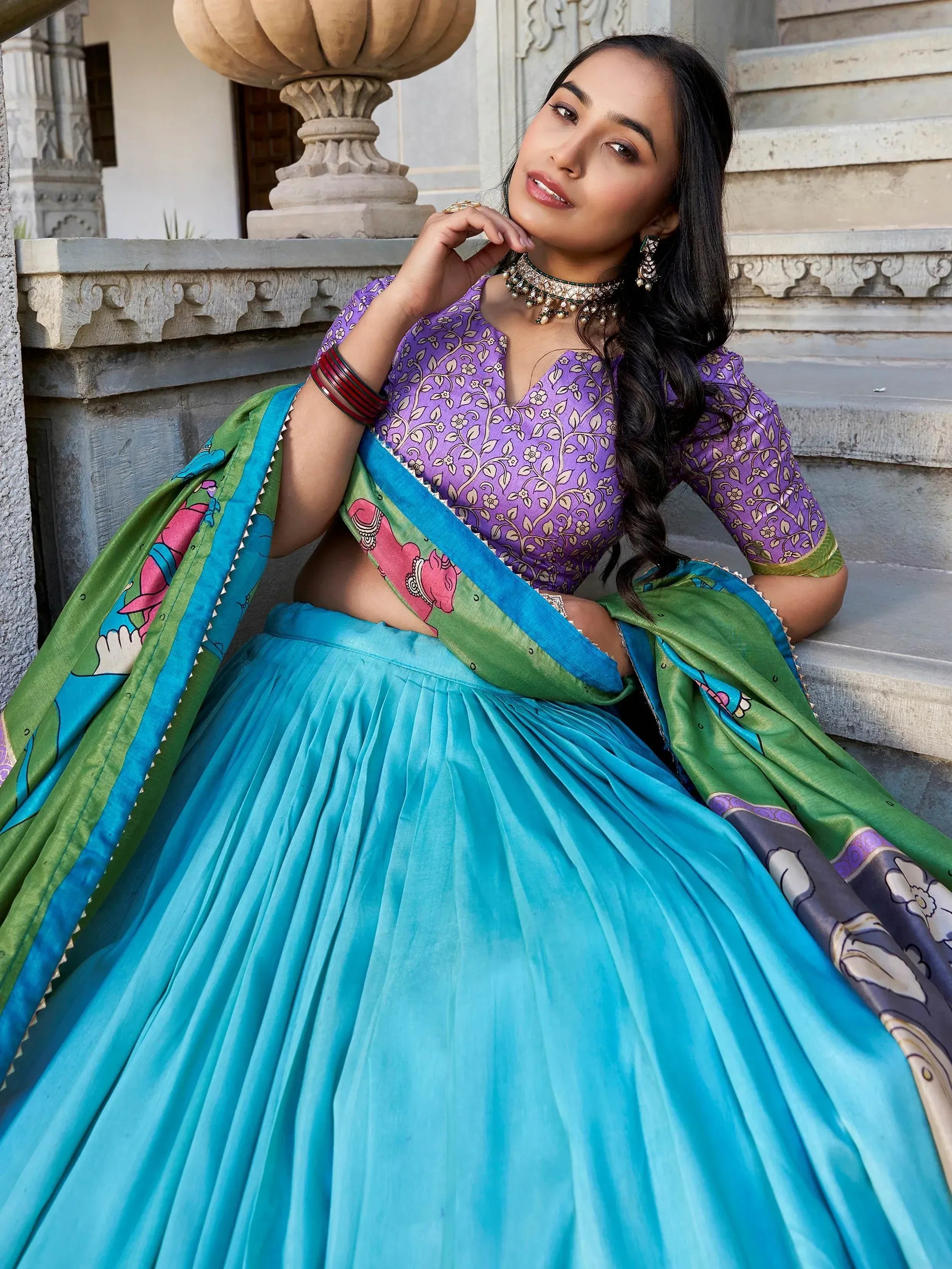 Amazing Blue Kalamkari Printed Tussar Silk Lehenga Choli