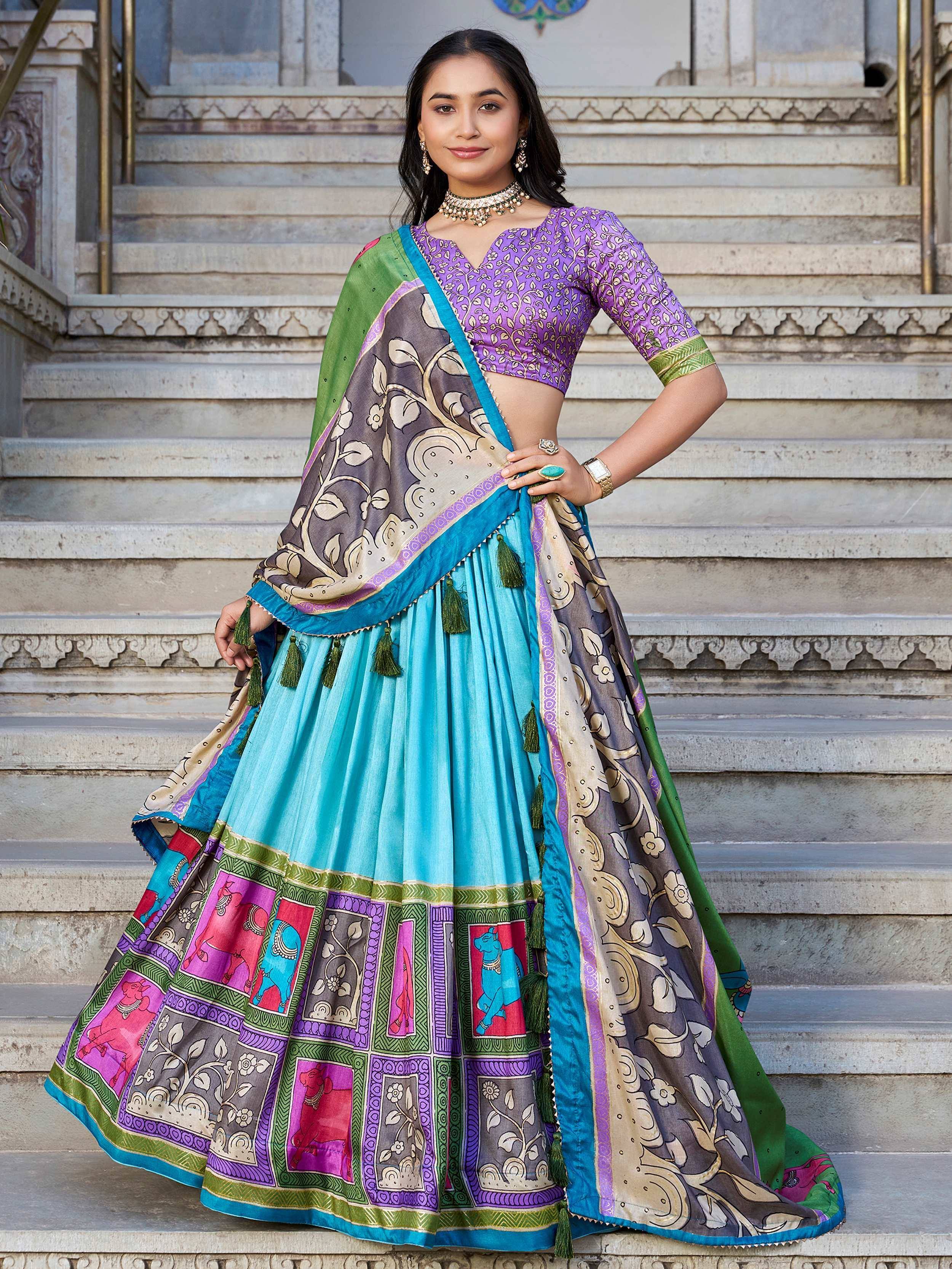 Amazing Blue Kalamkari Printed Tussar Silk Lehenga Choli