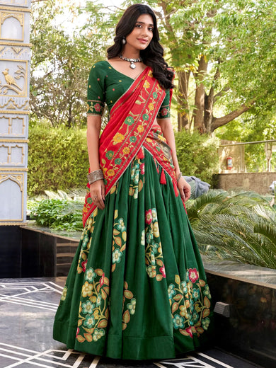 Fabulous Green Floral Printed Silk Bridesmaid Lehenga Choli