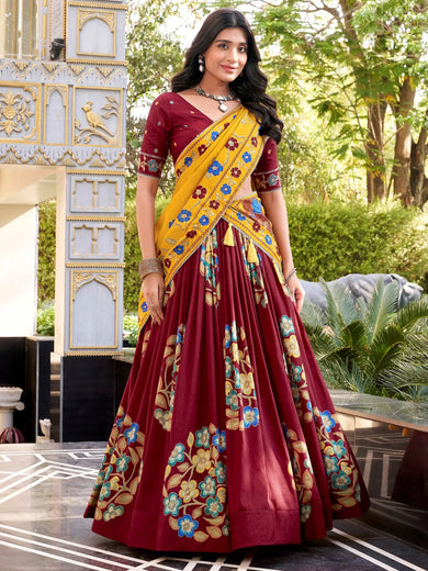 Fantastic Maroon Floral Printed Silk Wedding Wear Lehenga Choli