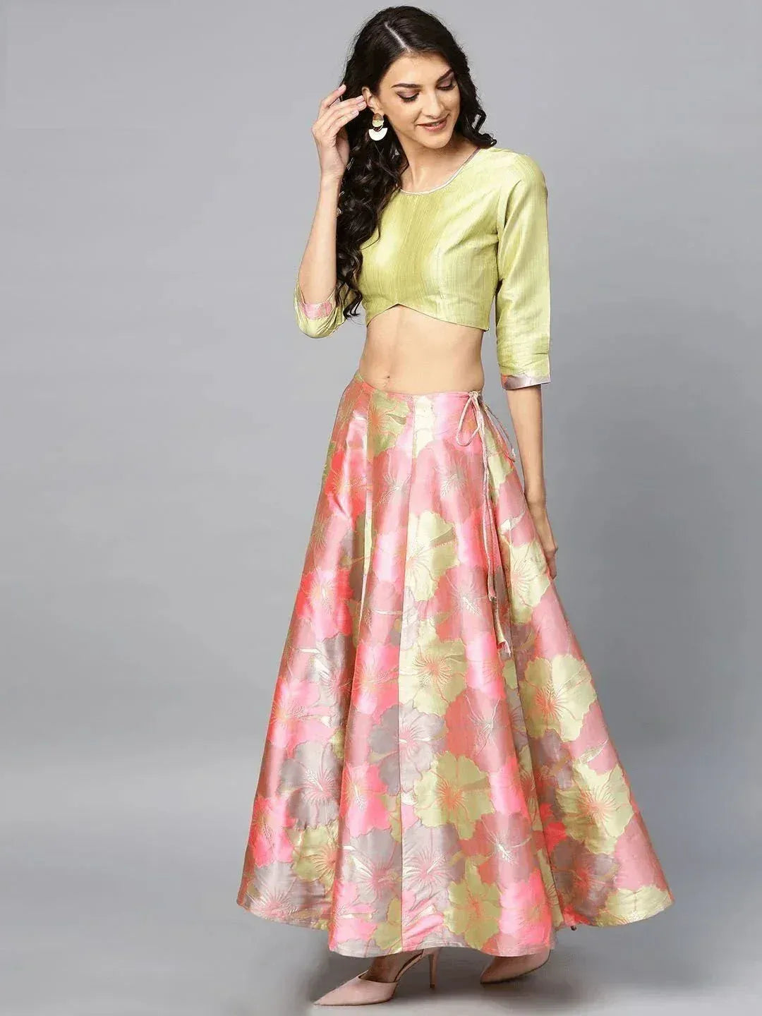 Elegant floral lehenga choli with green crop top and pink skirt for Indian ethnic wear