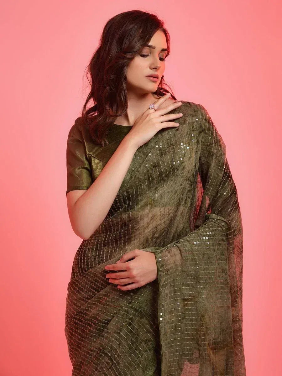 Olive green sequin saree with matching blouse, elegant Indian ethnic wear for women