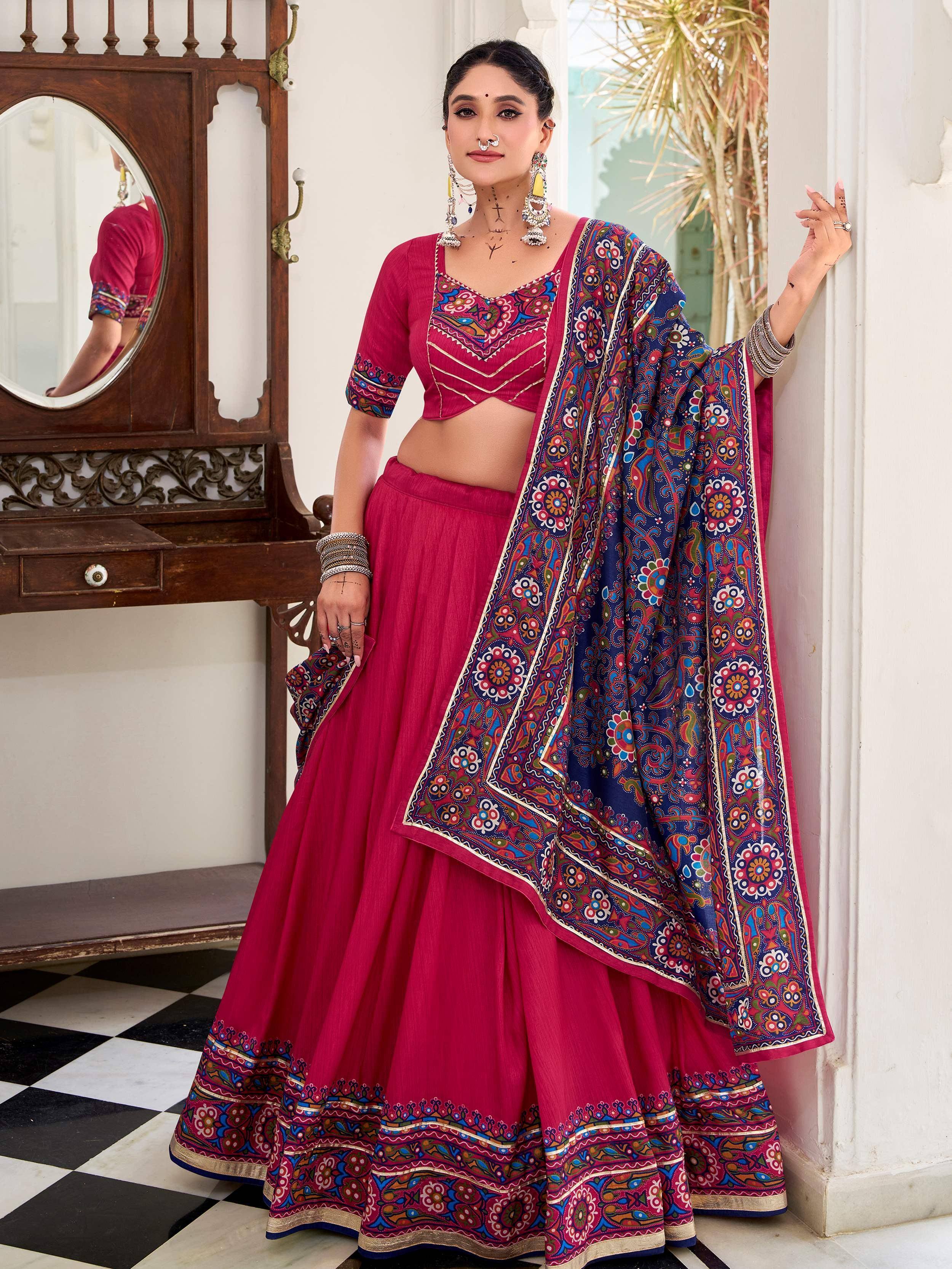 Pink embroidered lehenga choli with blue floral dupatta, Indian ethnic wear for women