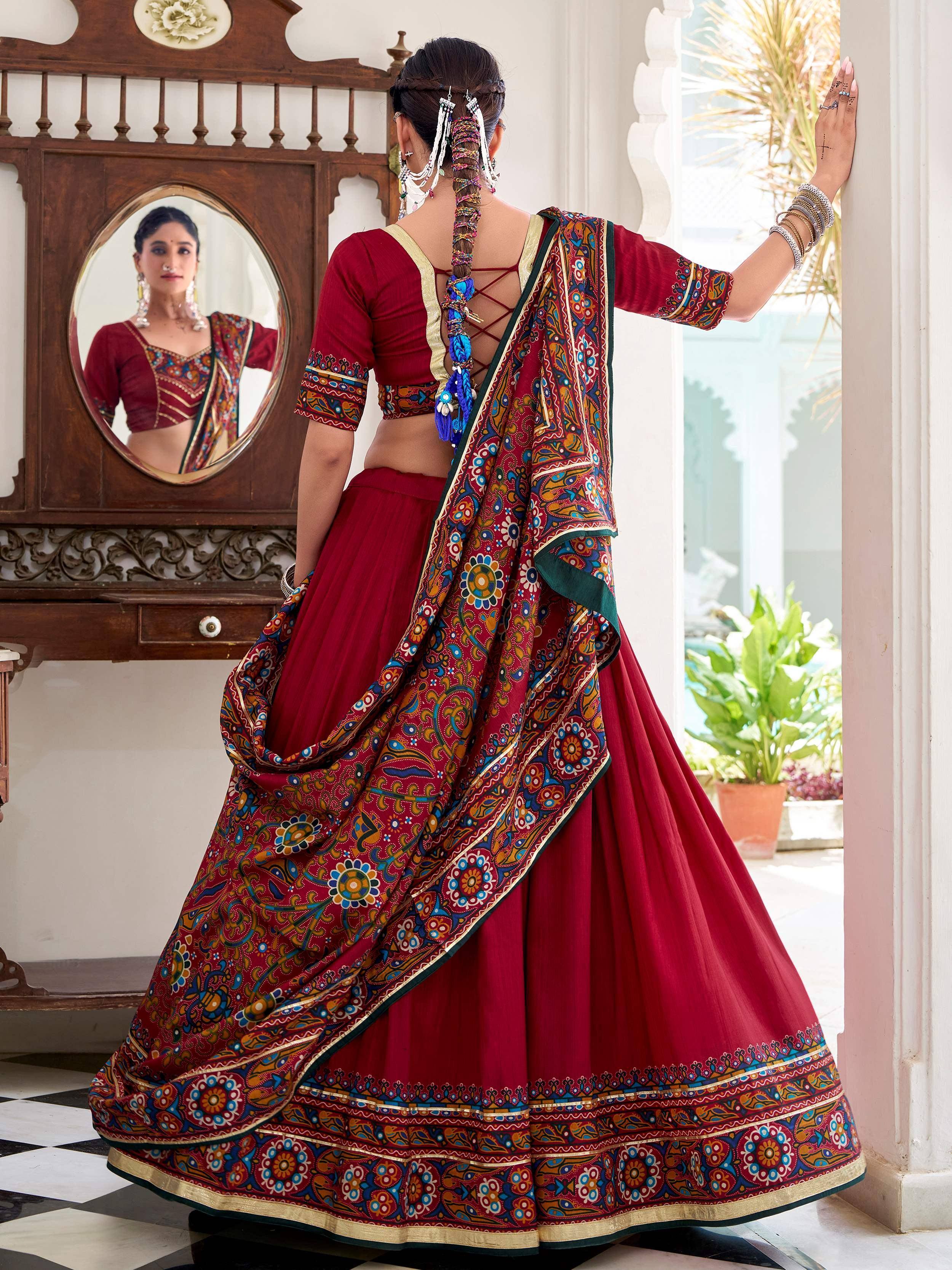 Maroon printed lehenga choli with back lace-up blouse and colorful dupatta, ethnic Indian wear