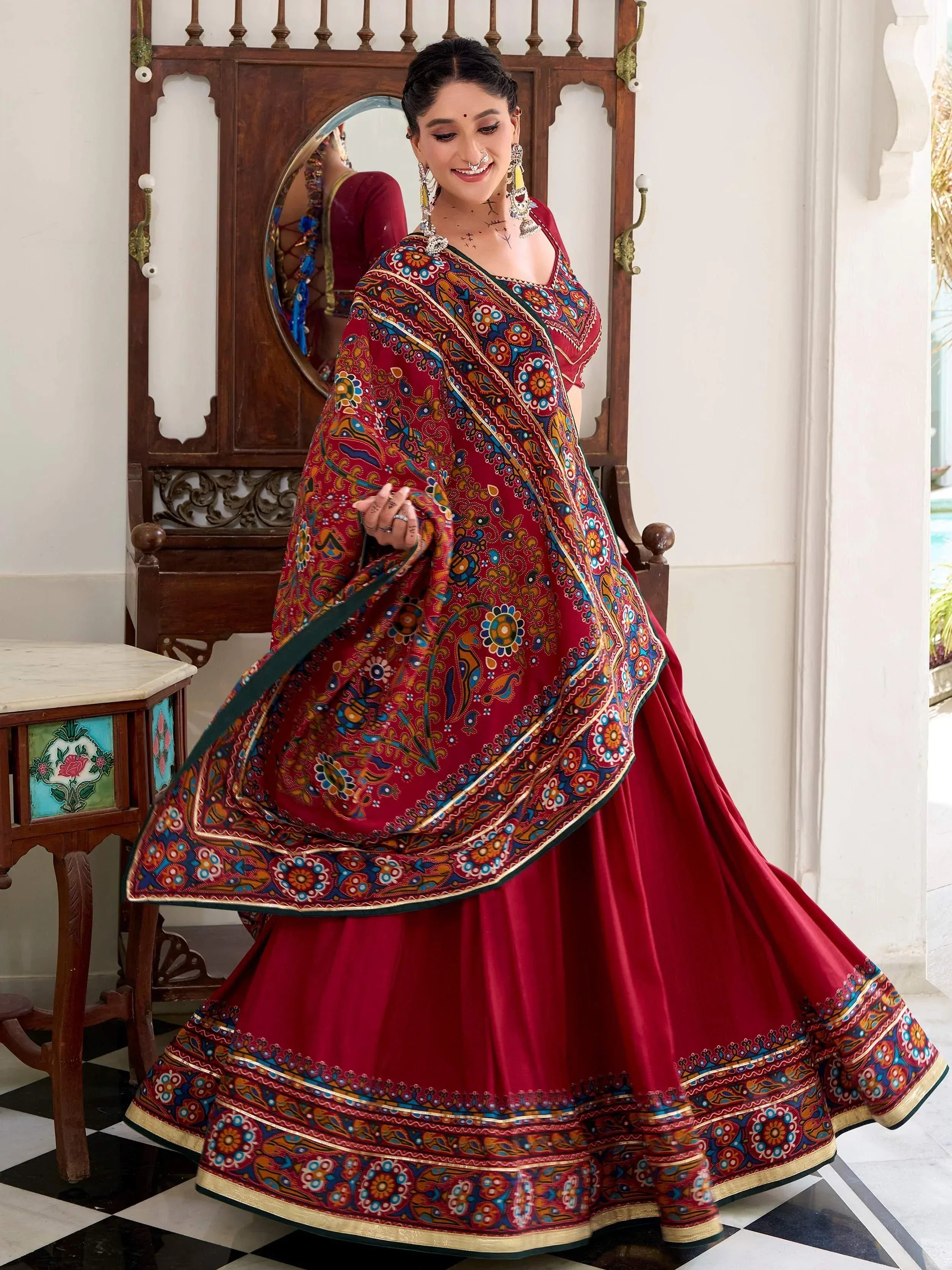 Red embroidered lehenga choli with floral dupatta, Indian ethnic wear for weddings and festivals