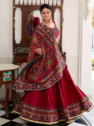 Marvelous Red Gamthi Printed Tussar Silk Festive Lehenga Choli