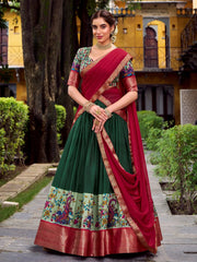 Great Green Zari Weaving Silk Traditional Half Saree Lehenga Choli