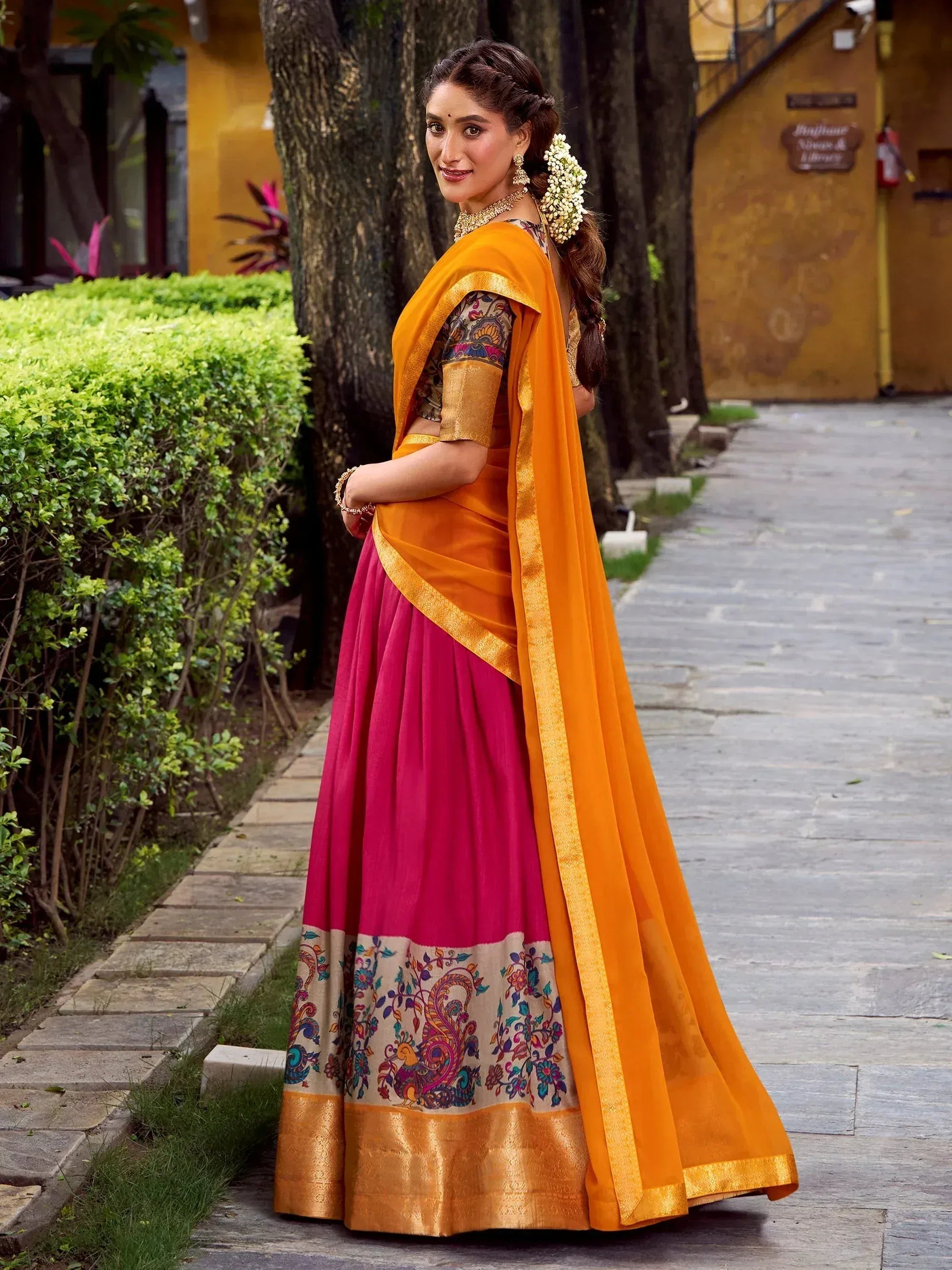 Alluring Pink Zari Weaving Silk Festive Wear Half Saree Lehenga Choli