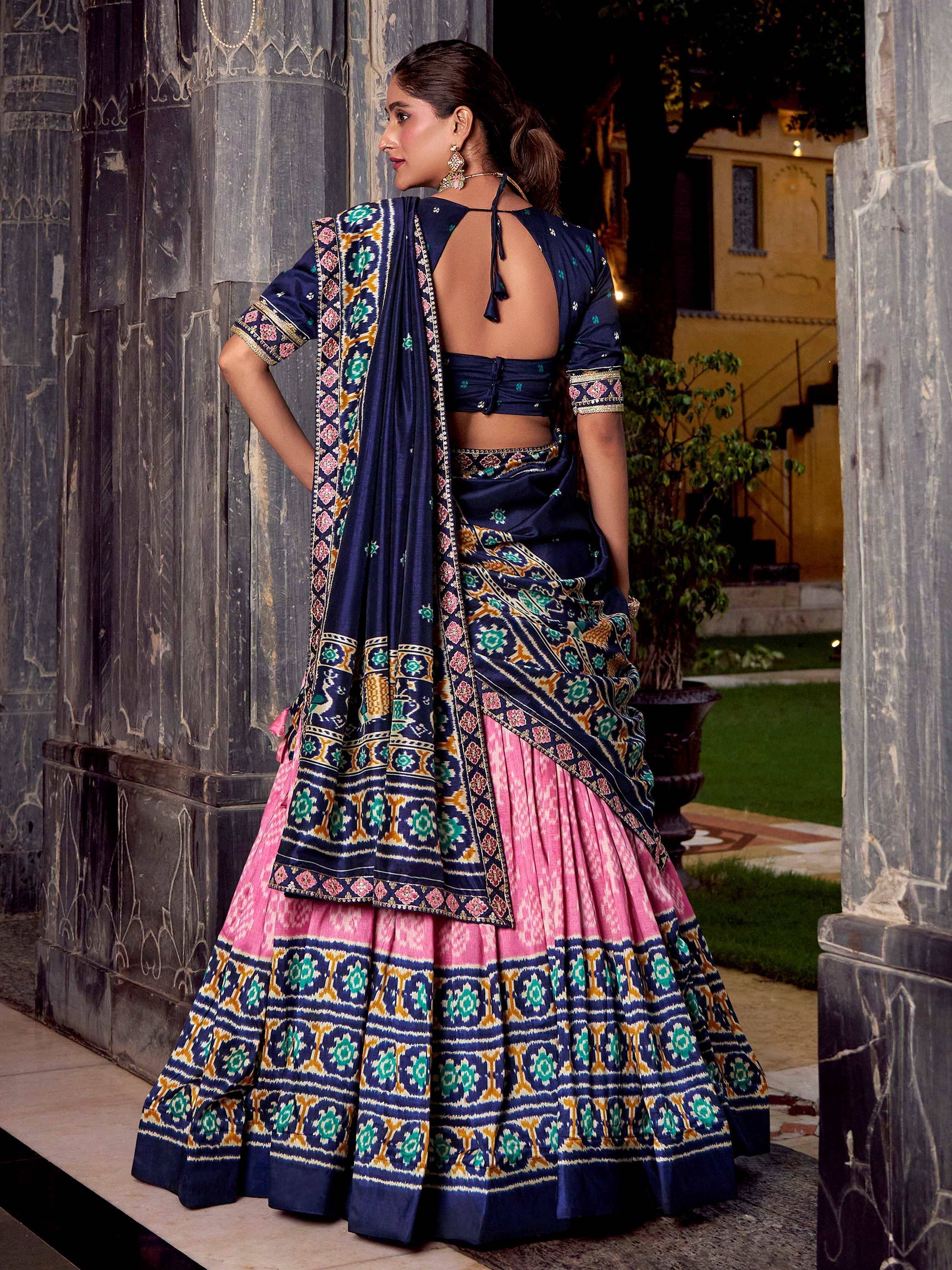 Navy and pink printed lehenga choli with open back blouse, ethnic wear for women