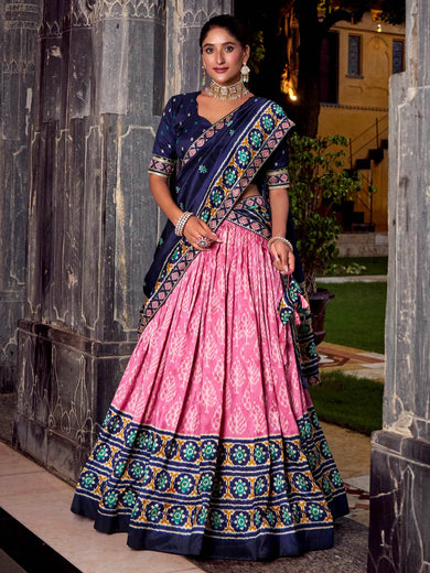 Beautiful Light Pink Silk Ikkat Printed Lehenga Choli With Dupatta