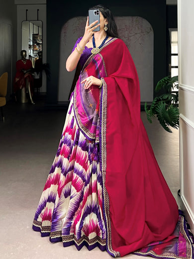 Stylish Purple And Pink Digital Printed Silk Wedding Wear Lehenga Choli