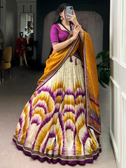 Lovely Wine And Yellow Digital Printed Silk Festive Wear Lehenga Choli