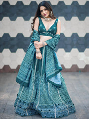 Charming Teal Blue Digital Printed Silk Festive Lehenga Choli